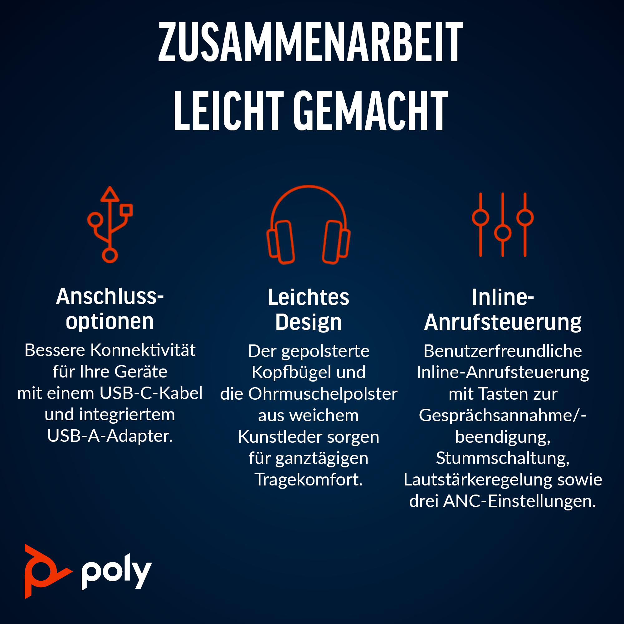 Bild mit Text über Konnektivität, leichtes Design und Inline-Anrufsteuerung. Orangefarbene Symbole und dunkelblauer Hintergrund.