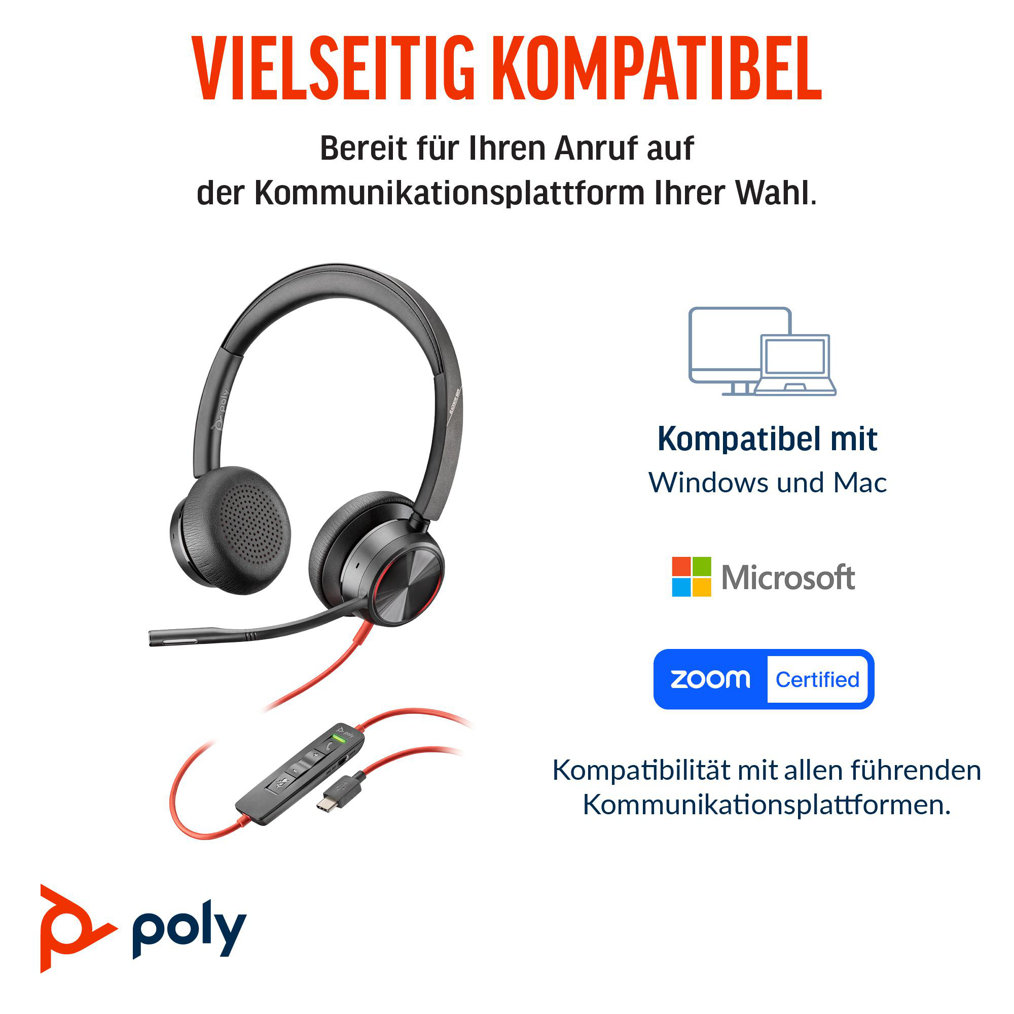 Headset mit rotem Kabel, kompatibel mit Windows und Mac, Microsoft und Zoom. Logo: poly. Text: VIELSEITIG KOMPATIBEL.