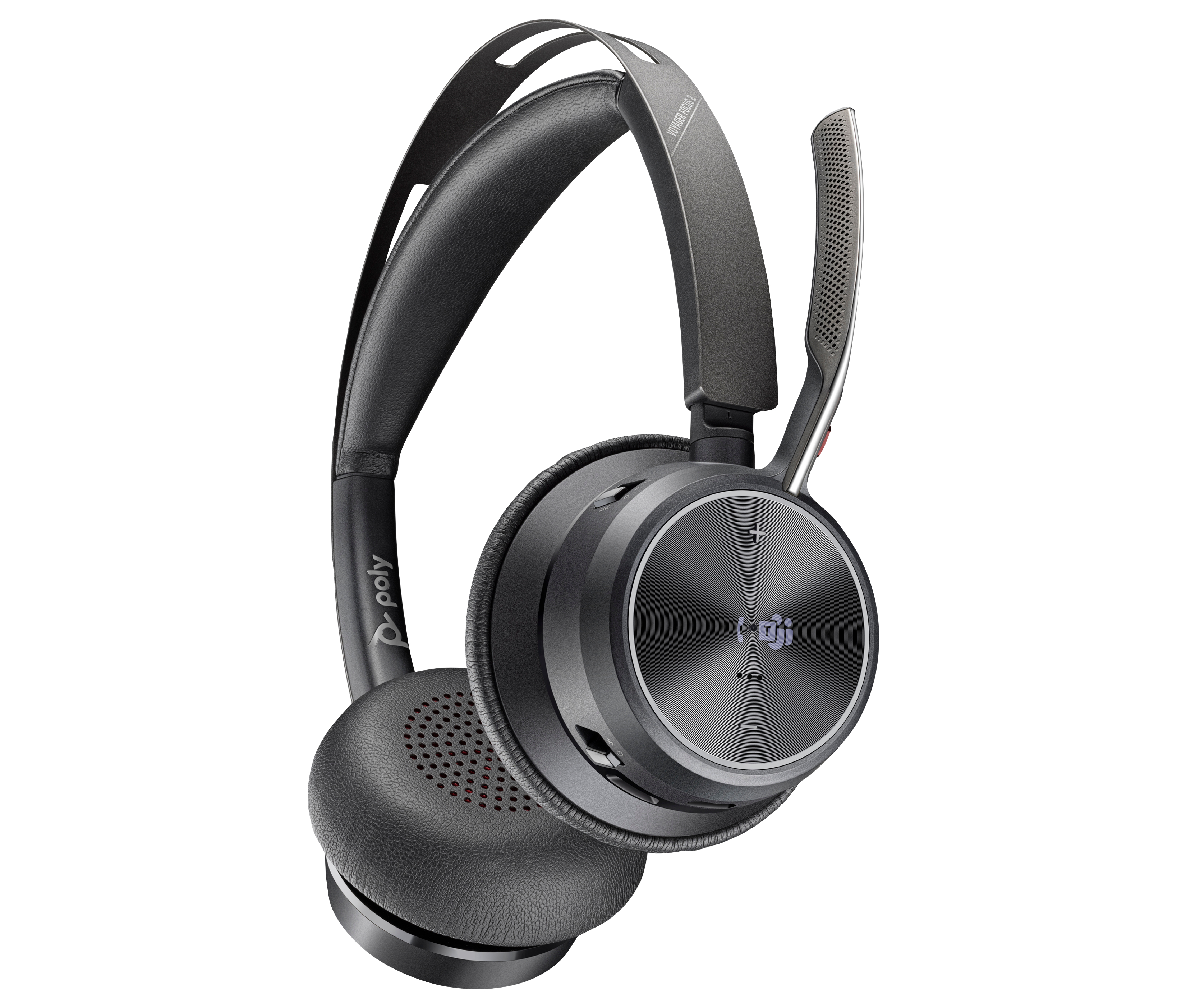 Ein schwarz-graues Headset. Es hat ein Mikrofon, Ohrmuscheln und einen Kopfbügel. Der Hintergrund ist weiß.