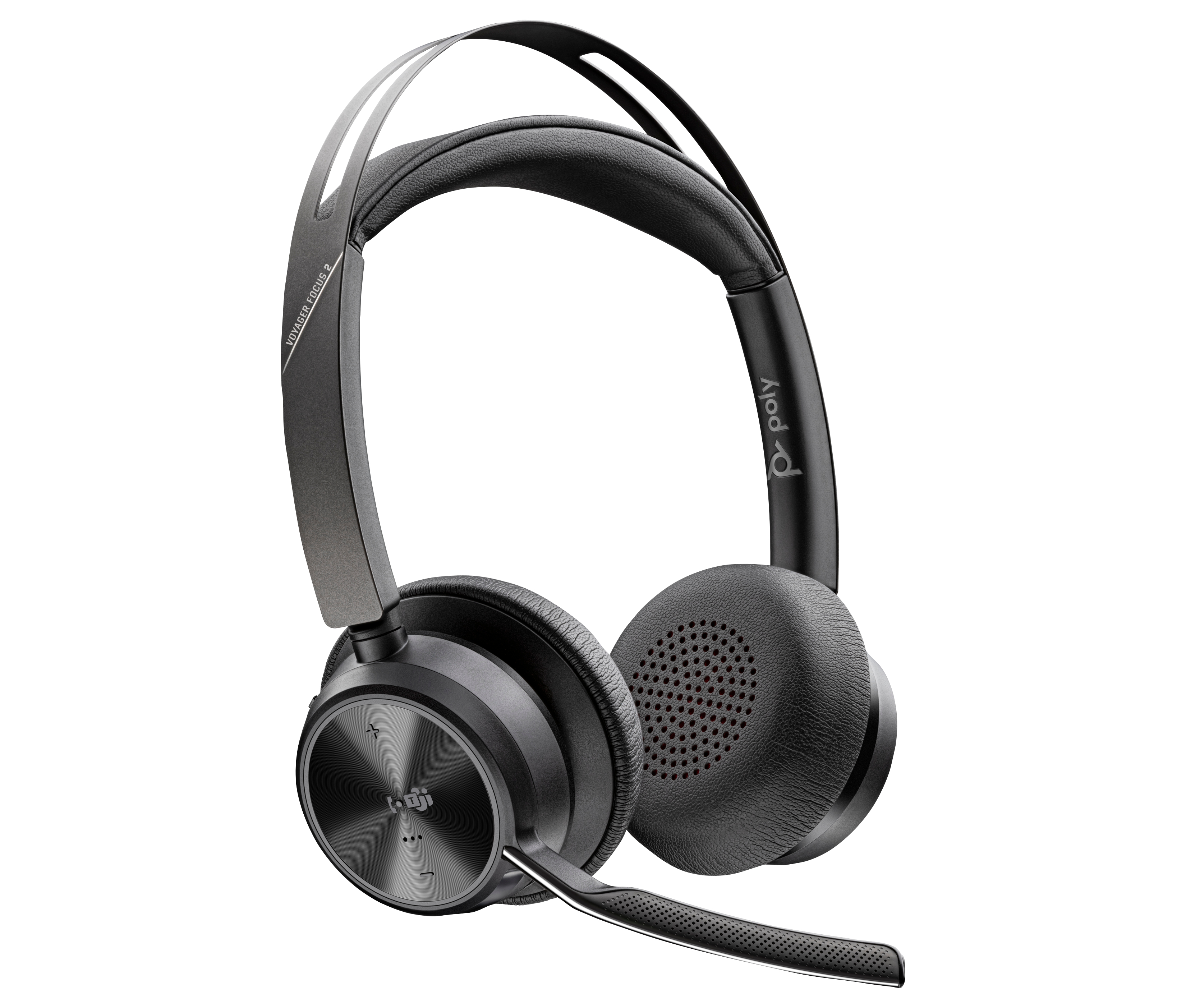 Schwarzes Voyager Focus 2 Headset. Es verfügt über Ohrmuscheln, ein Kopfband und ein Mikrofon. Die linke Ohrmuschel hat Knöpfe.