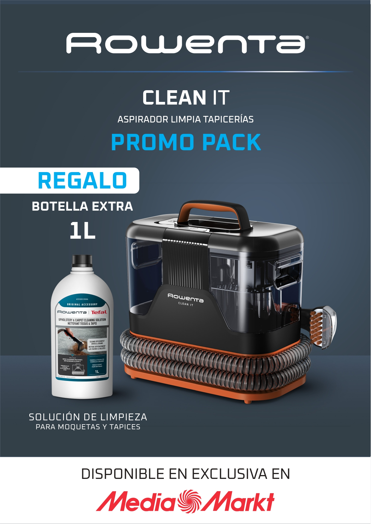 Pack promocional Rowenta Clean It. Incluye máquina de limpieza y botella de solución. Disponible en Media Markt.