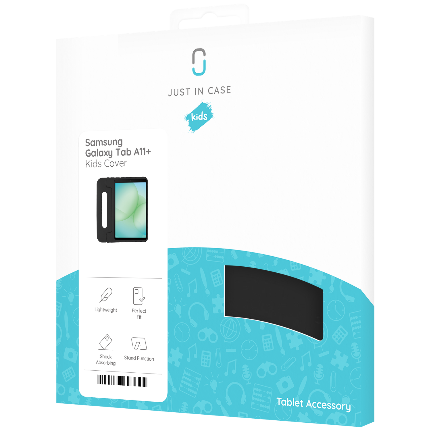 Box for Samsung Galaxy Tab A11+ Kids Cover. Black tablet cover shown. Features include lightweight, perfect fit, shock absorbing, and stand function.