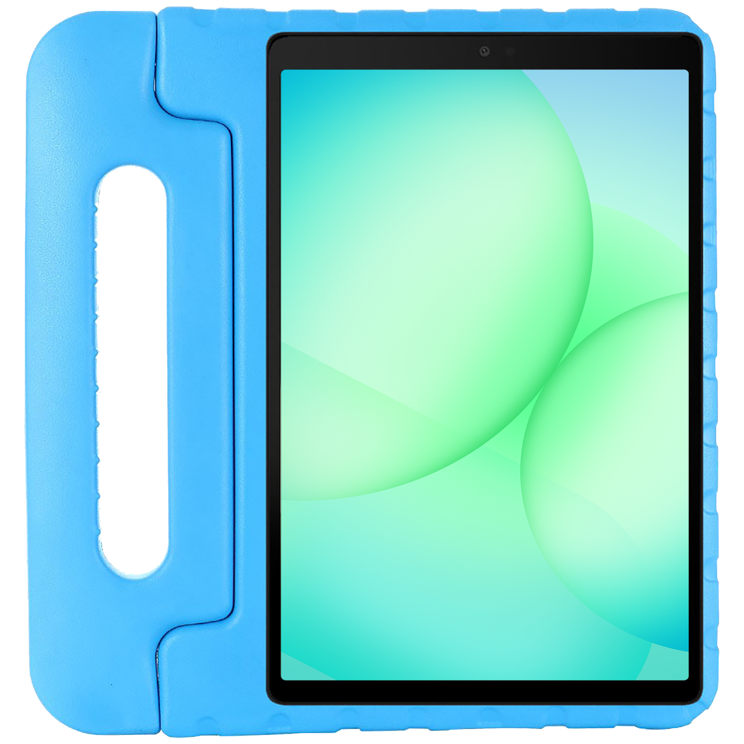 Tablet in a light blue protective case. The screen displays green and blue abstract shapes. A handle is on the left side.