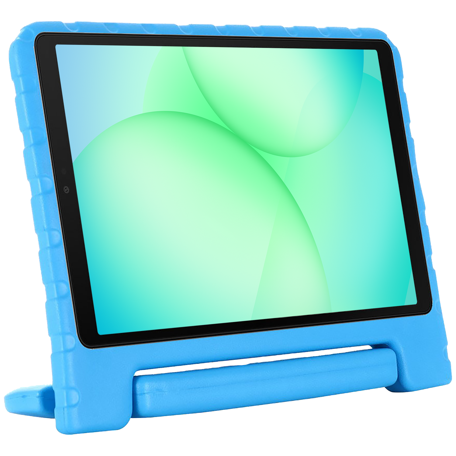 A blue tablet in a blue protective case. The screen displays green and white shapes. The case has a stand.