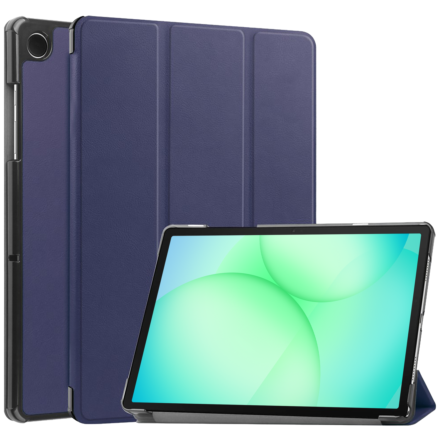 Tablet met een blauwe hoes, met het scherm zichtbaar. De hoes is gesloten en open. Het scherm toont een groen en wit patroon.