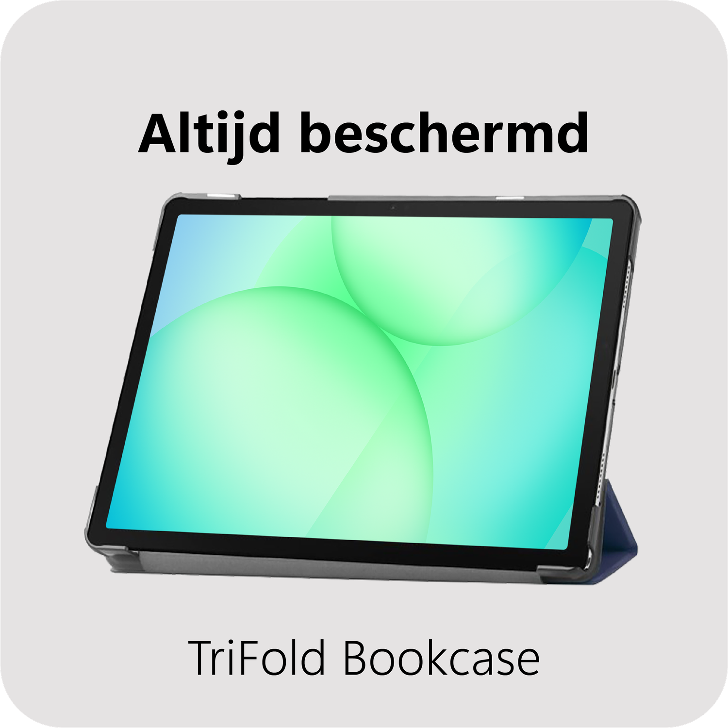 Tablet in een beschermhoes, met de tekst 'Altijd beschermd' erboven en 'TriFold Bookcase' eronder.