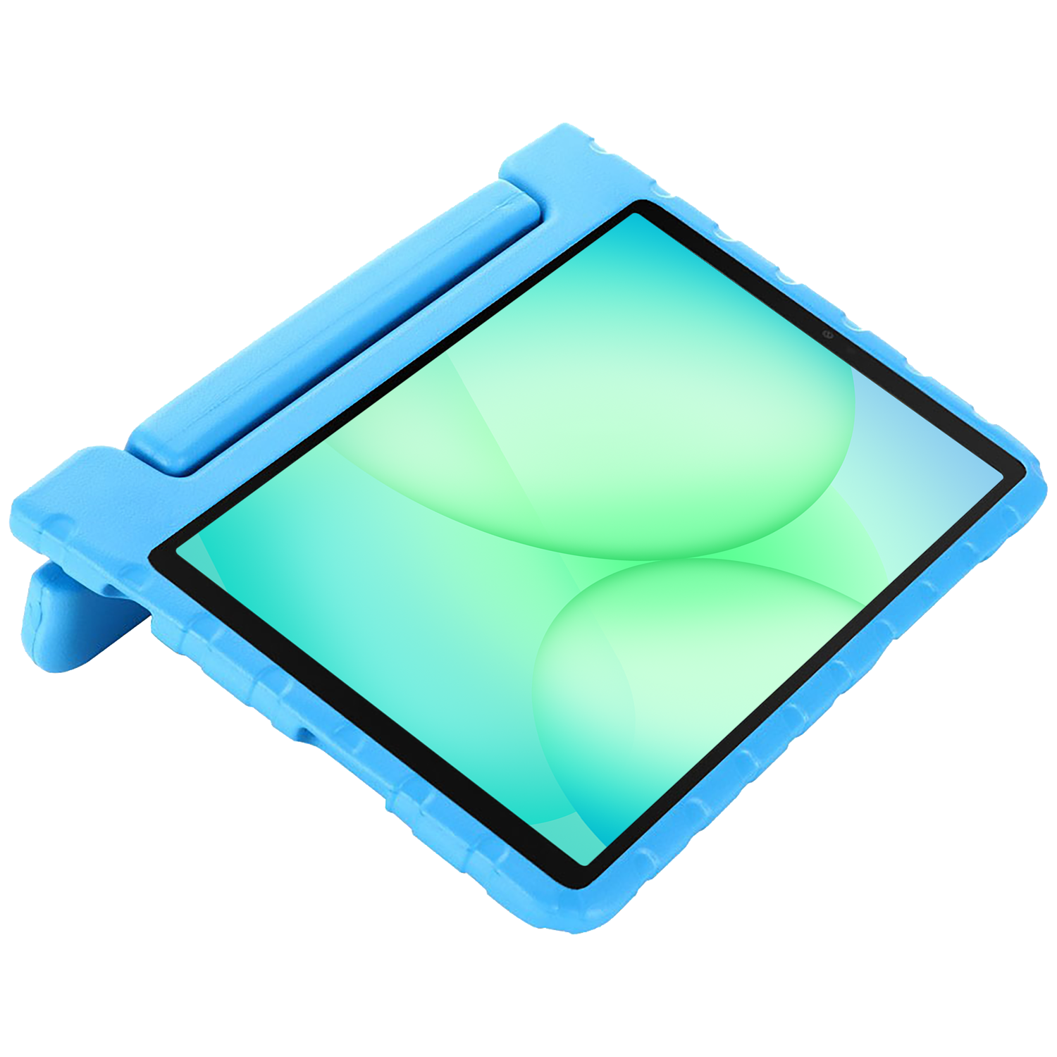 A blue tablet with a green and white screen is in a blue protective case. The case has a handle and is on a white background.