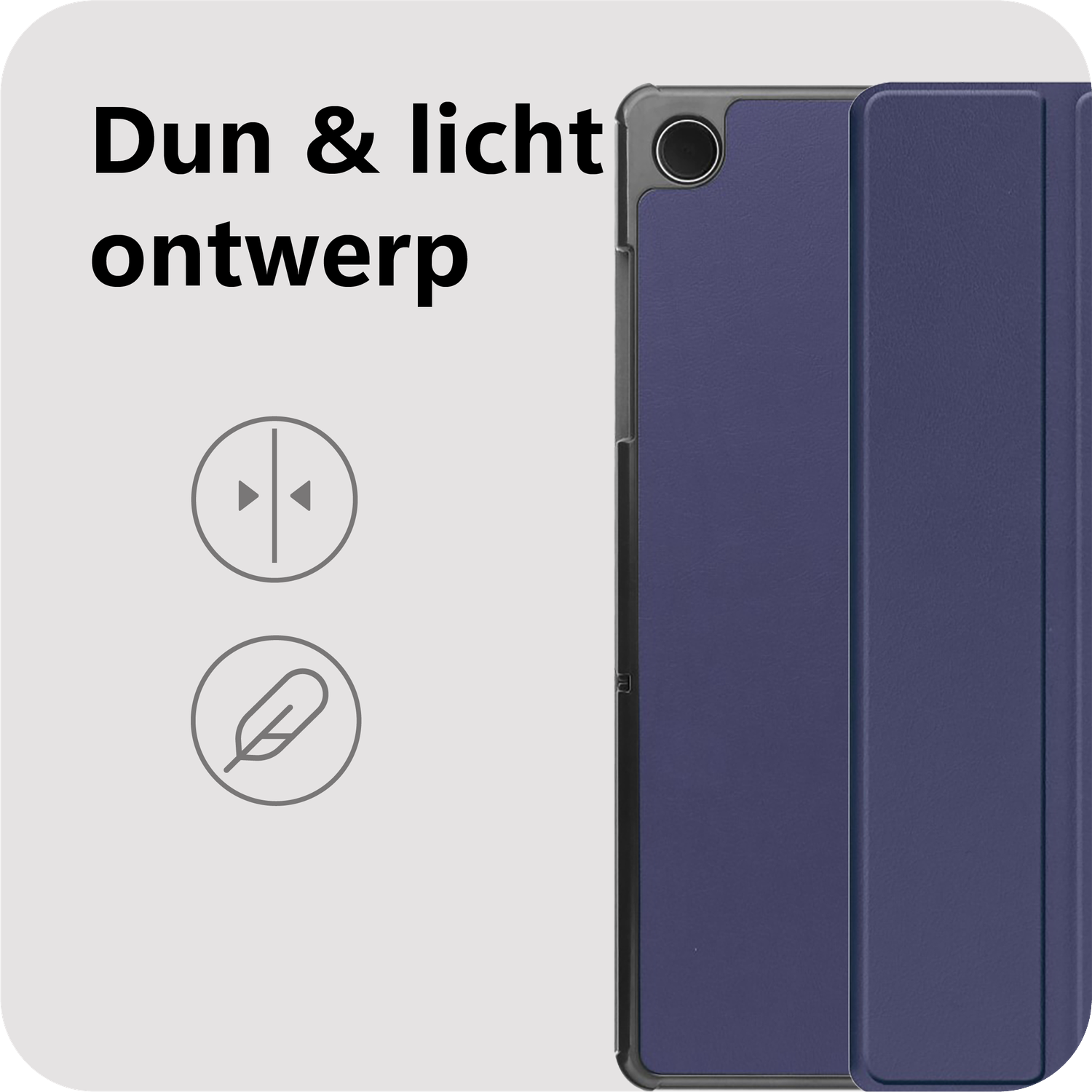 Een tablet met een blauwe hoes wordt getoond. De tekst luidt 'Dun & licht ontwerp'. Er zijn iconen voor dunheid en lichtheid.