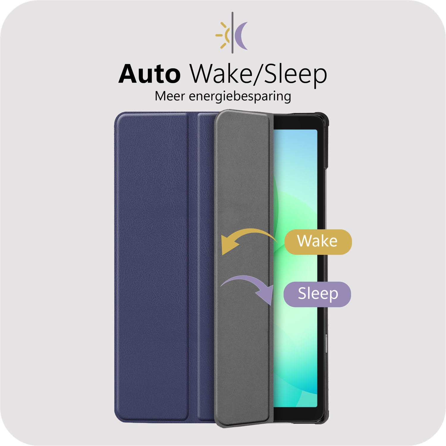 Tablethoes met blauwe en grijze covers. Tekst: 'Auto Wake/Sleep'. Pijlen geven 'Wake'- en 'Sleep'-functies aan.