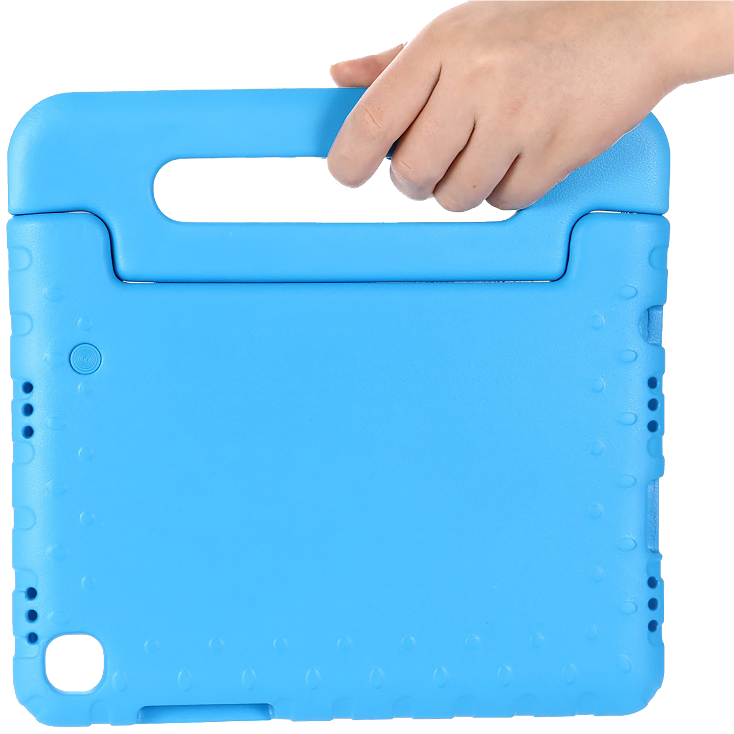A hand holding a bright blue tablet case with a handle. The case has a smooth surface and rounded edges.