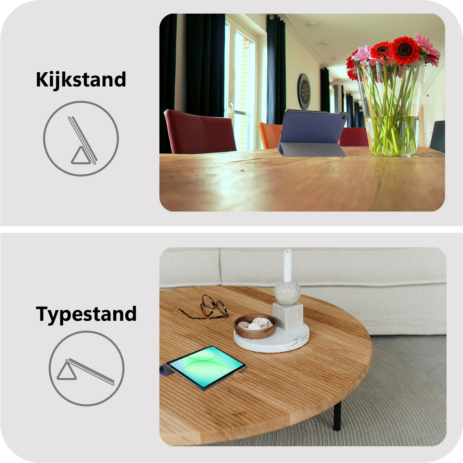 Boven: Tafel met tablet, vaas met bloemen. Onder: Tablet op ronde tafel met decoratie en bril. Witte bank op de achtergrond.