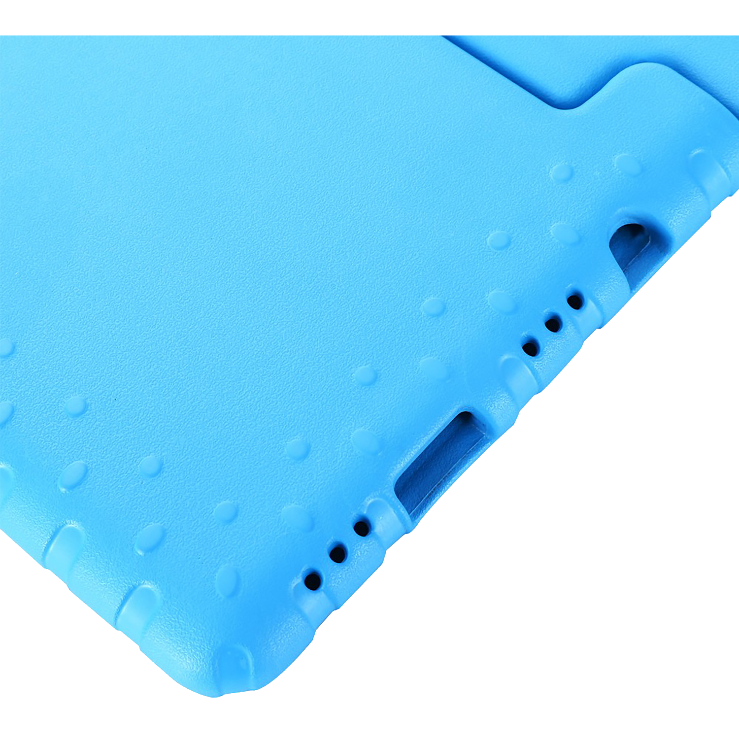 Close-up of a bright blue tablet case. Features include rounded edges, textured surface with holes and cutouts on the side.