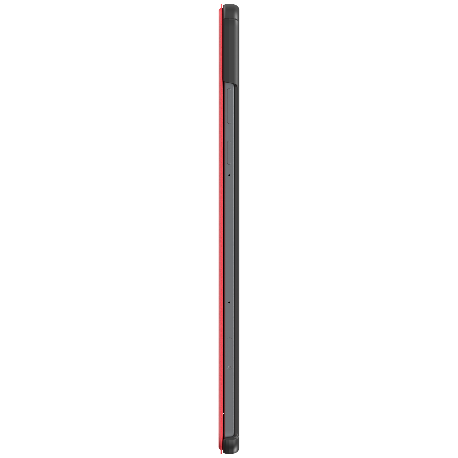 Side view of a smartphone. It has a black frame, red accent, and side buttons. The phone is standing upright.