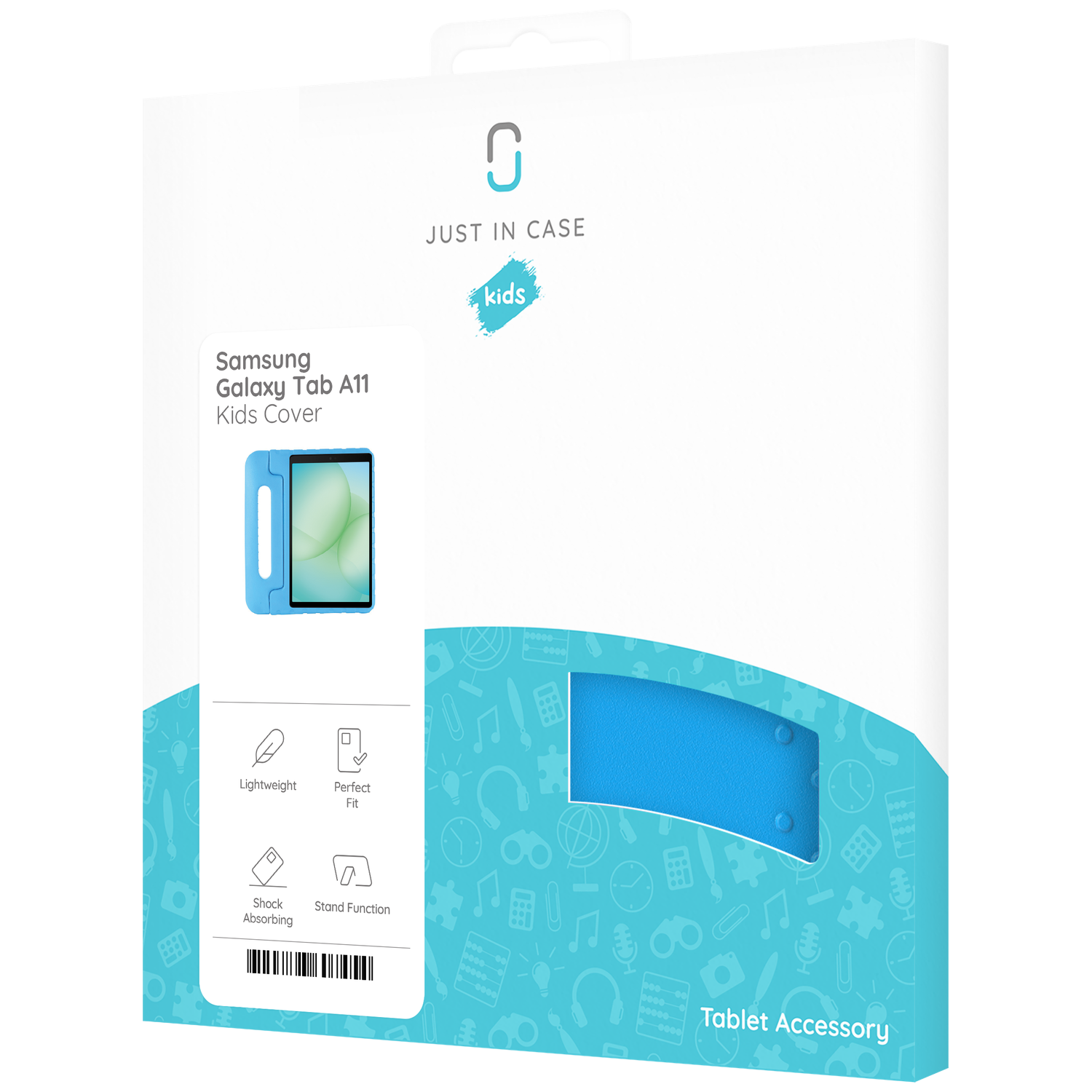 A blue tablet case box is shown. It has 'Just in Case' and 'kids' printed. The box shows a Samsung Galaxy Tab A11 Kids Cover.