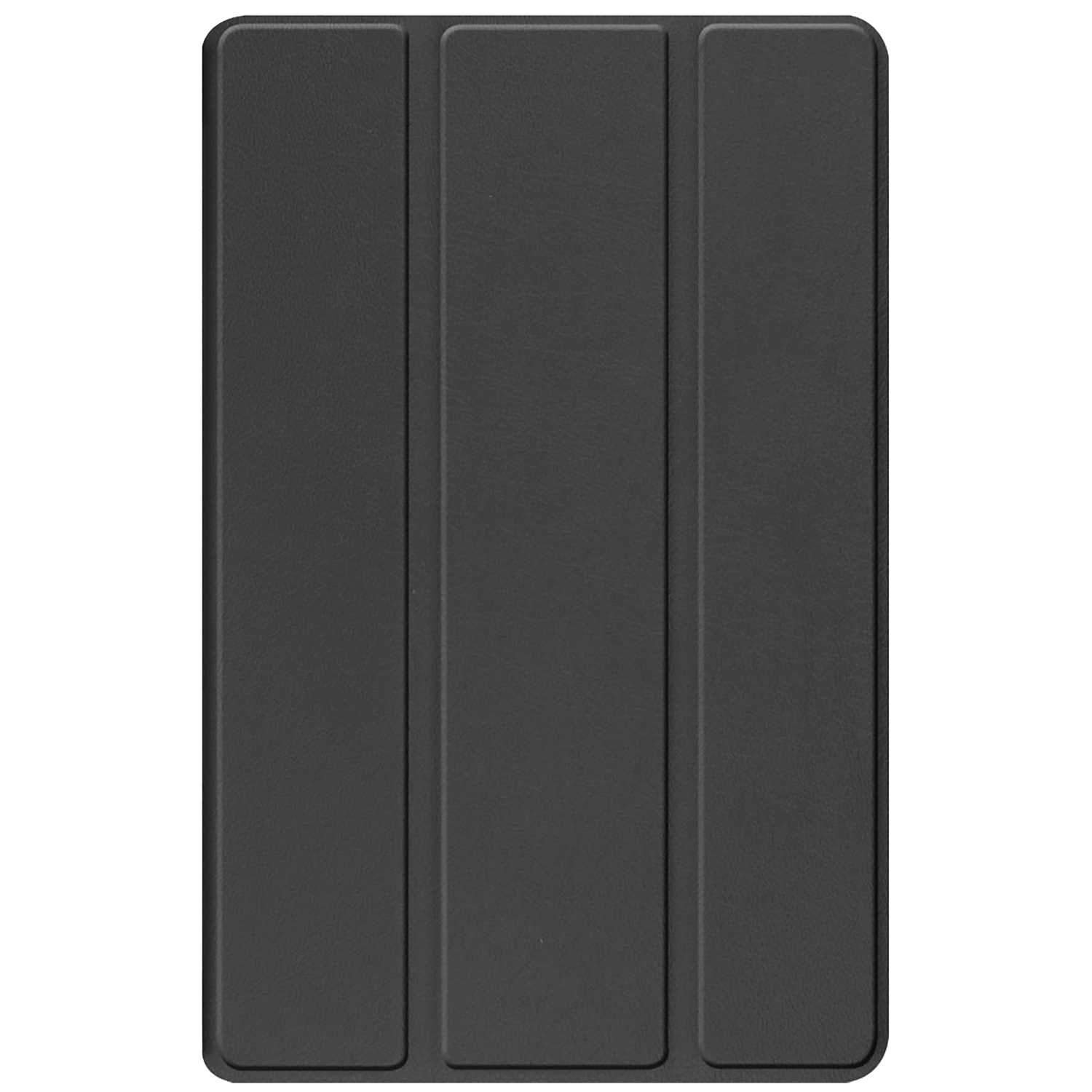 Een gesloten, zwarte tablethoes met een getextureerd oppervlak. Het heeft drie verticale panelen, met een afgeronde rand.