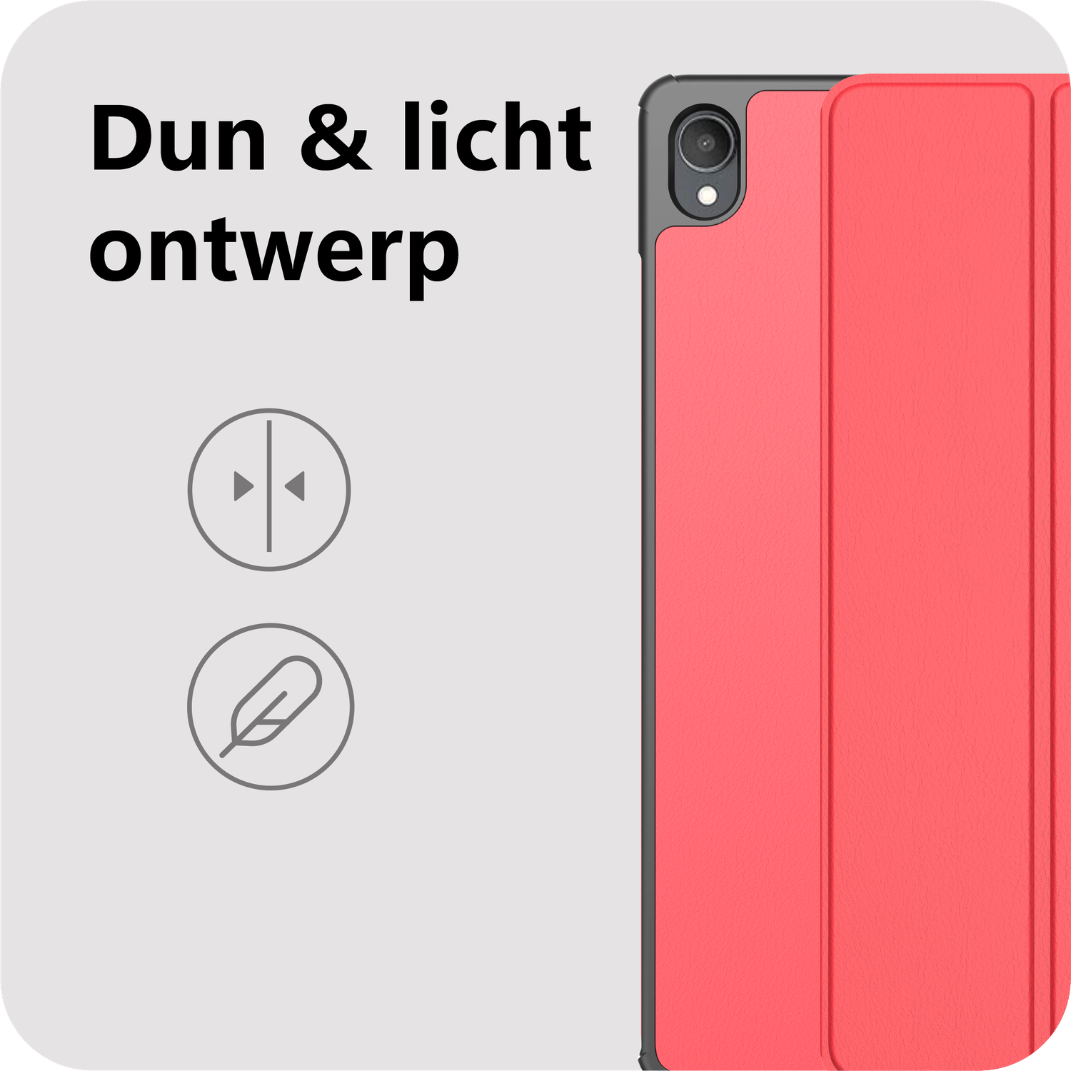 A tablet in a red case is displayed. Text says 'Thin & light design'. Icons show size and weight features.