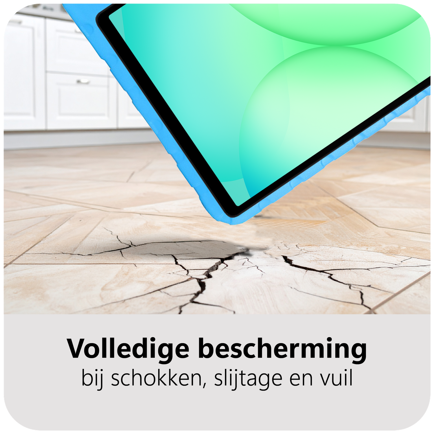 Tablet in blue case over cracked tile floor. Text reads: Full protection against shocks, wear, and dirt.
