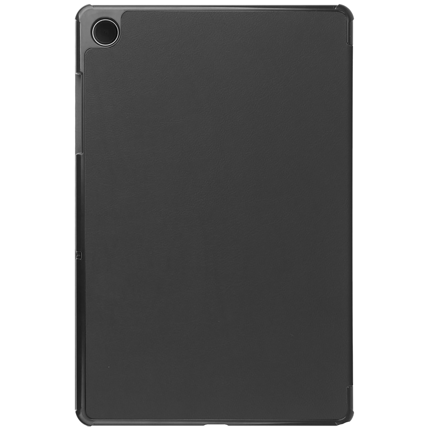 Een zwarte tablethoes met een uitsparing voor de cameralens linksboven. De hoes is rechthoekig en bedekt de tablet.