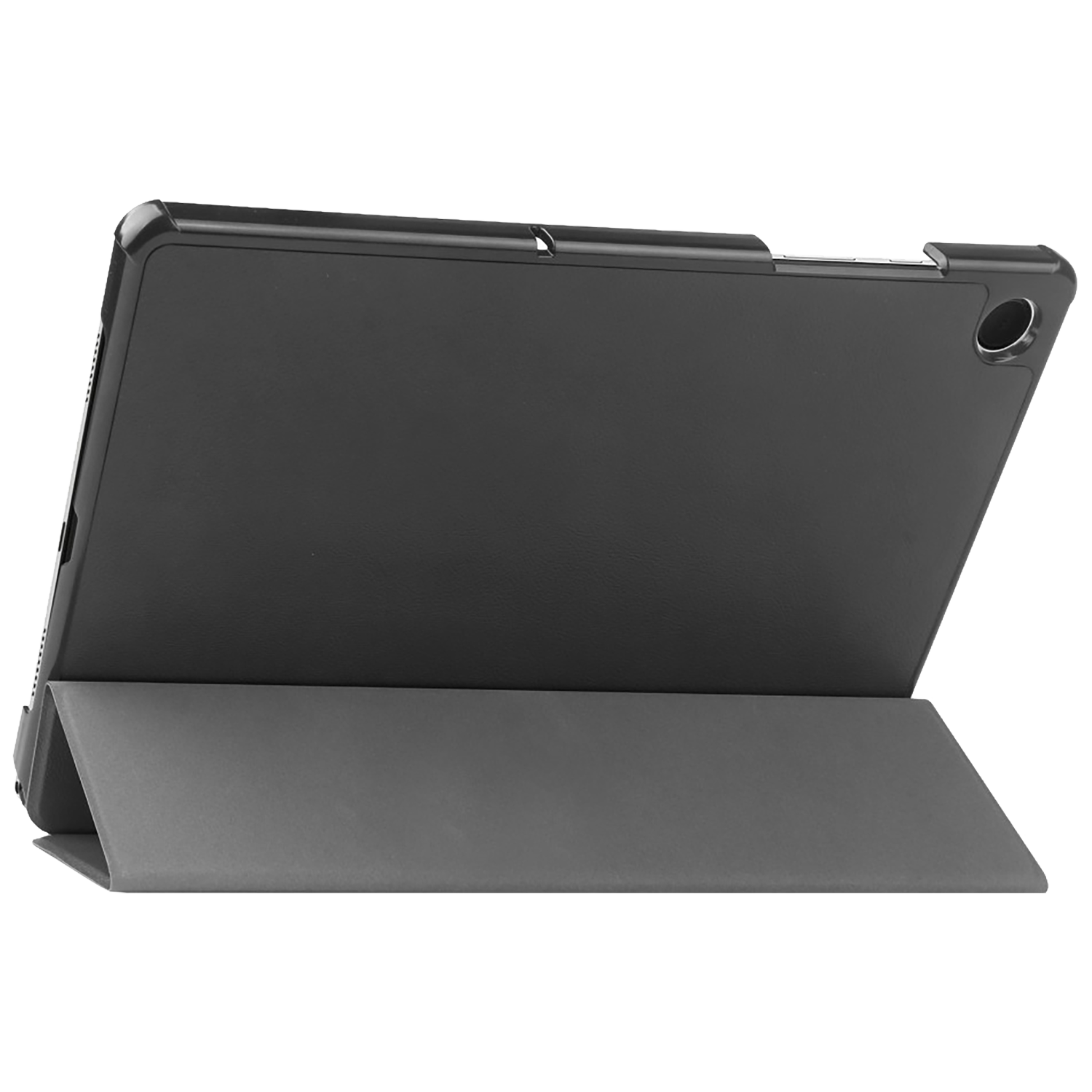 Een zwarte tablethoes, open om de tablet te ondersteunen. De hoes is schuin, met de achterkant en de binnenkant.