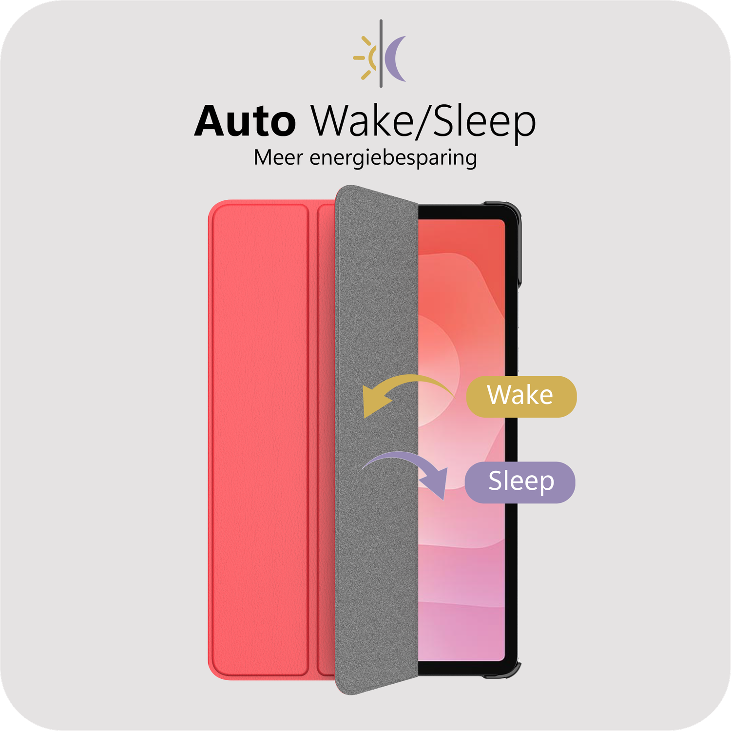 Image shows an open tablet case. Text says 'Auto Wake/Sleep'. Arrows indicate wake and sleep modes. The case is red and grey.