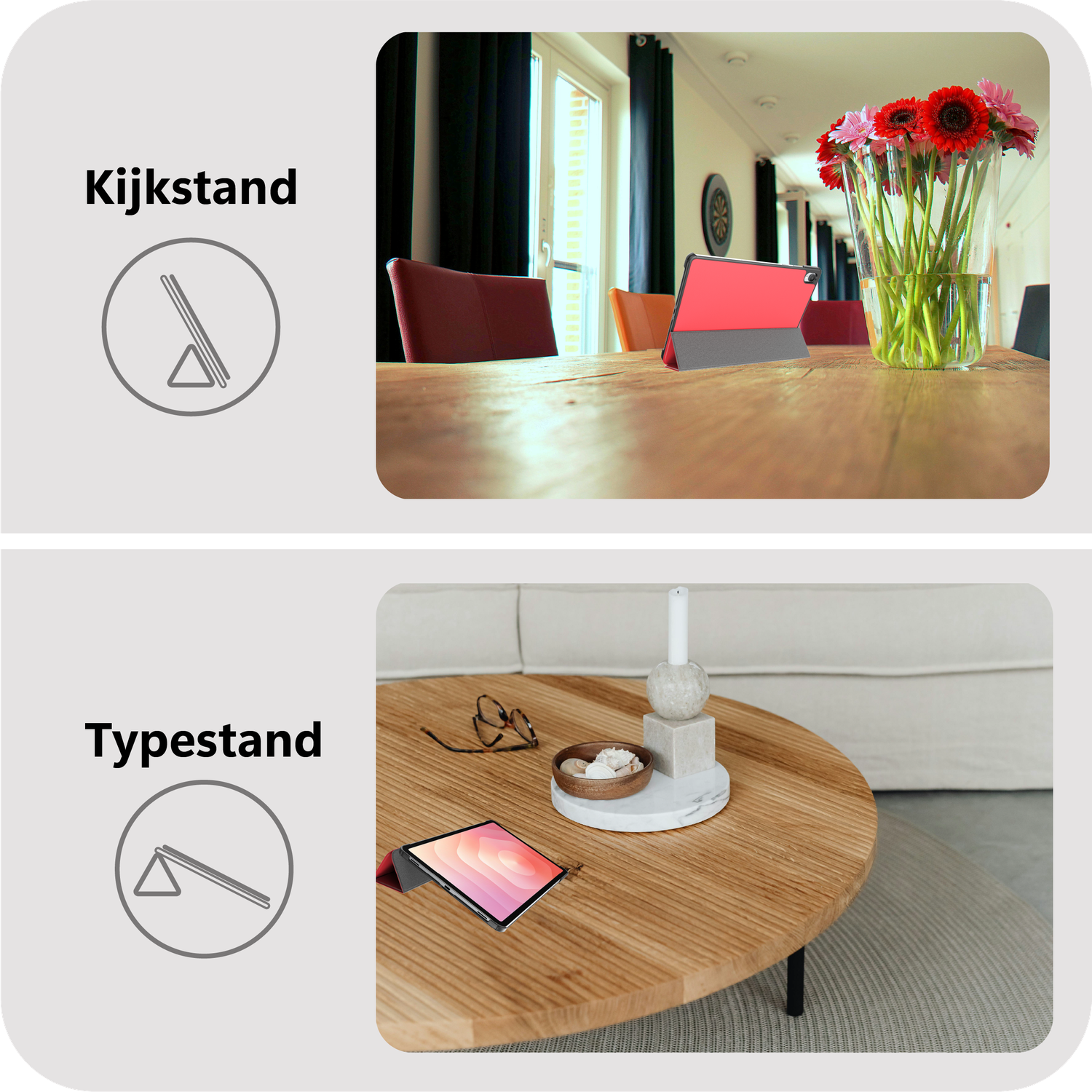 Top: Table with tablet, vase of flowers. Bottom: Table with tablet, glasses, bowl, candle holder. Stands labeled.