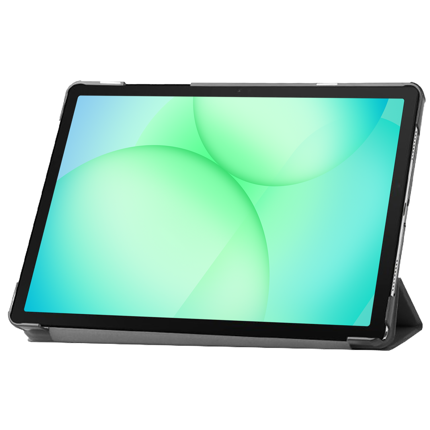 Tablet in een hoes, scherm met groene en blauwe verlopen. Hoes is grijs, opgezet om te bekijken.