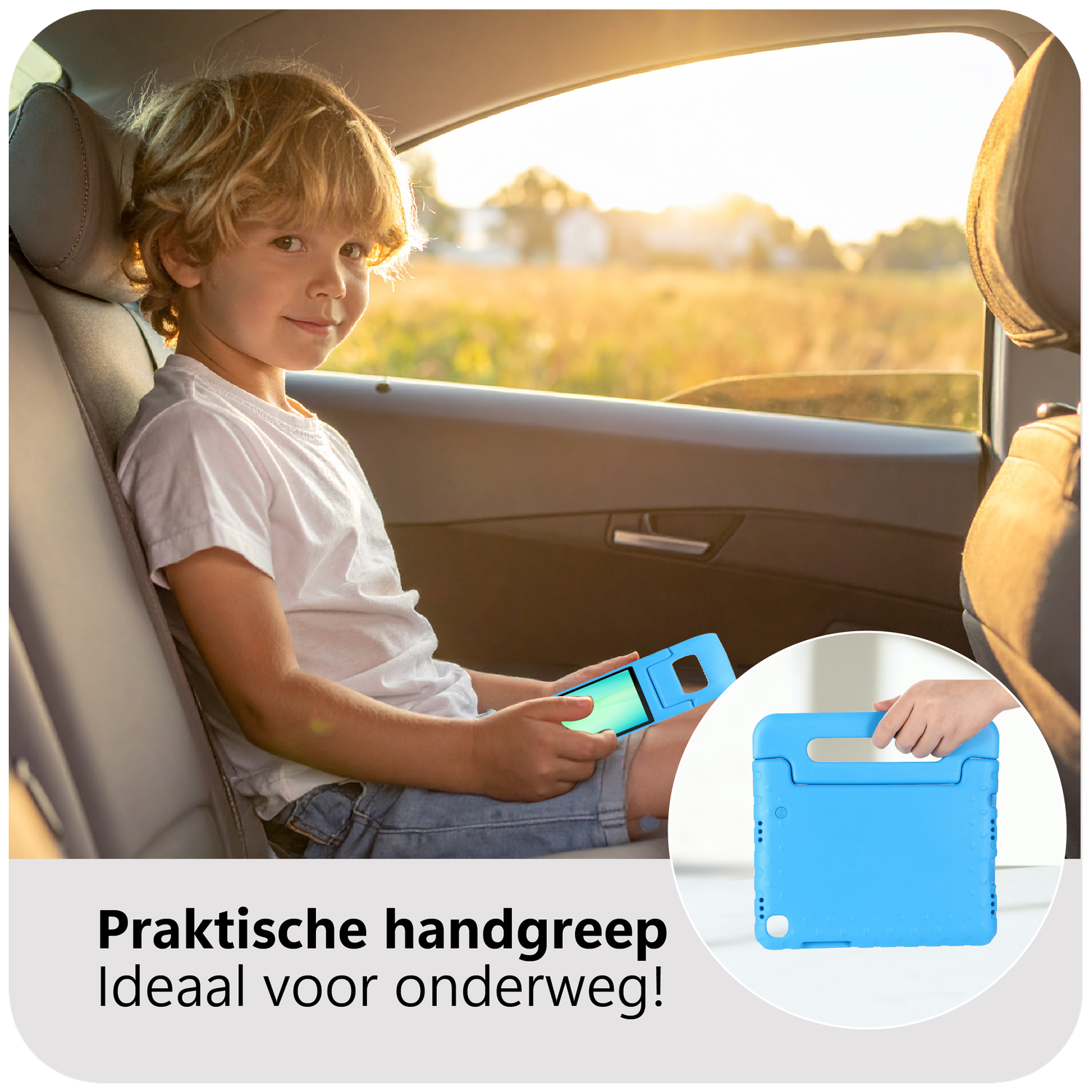 A boy in a car holds a tablet. He looks at the camera. A blue tablet case is shown on the right.