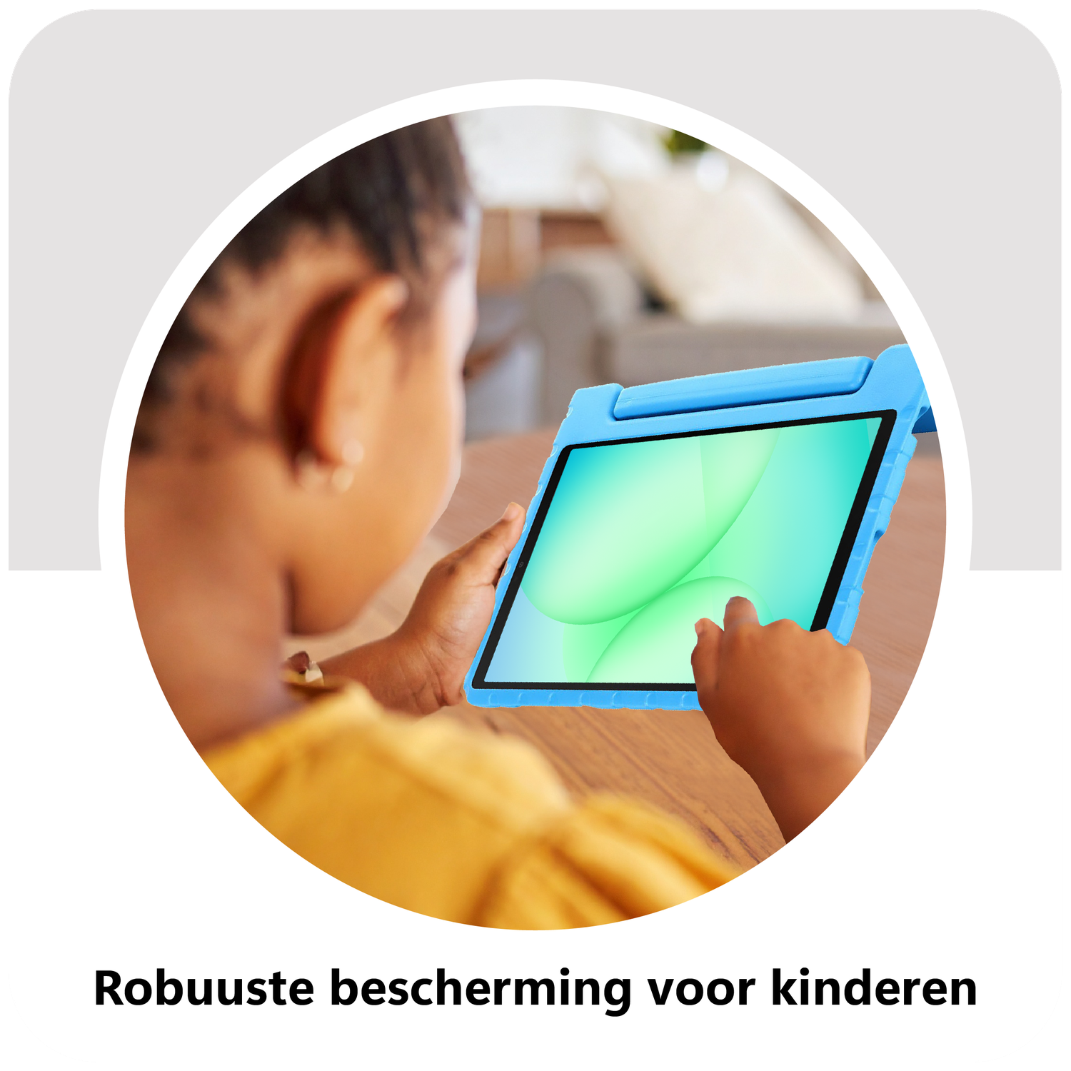 A child is holding a blue tablet with a green screen. The child's hand is touching the screen. The background is blurred.