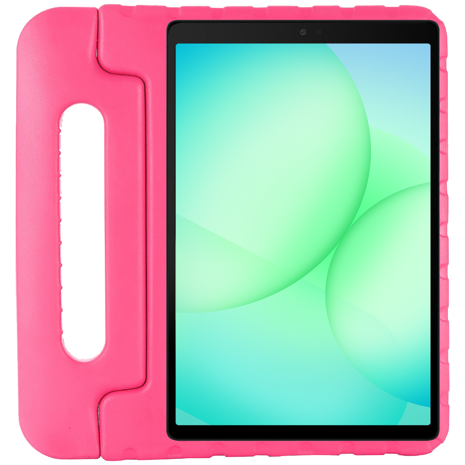 Pink tablet in a pink case. Screen displays abstract green and blue shapes. Case has a handle.
