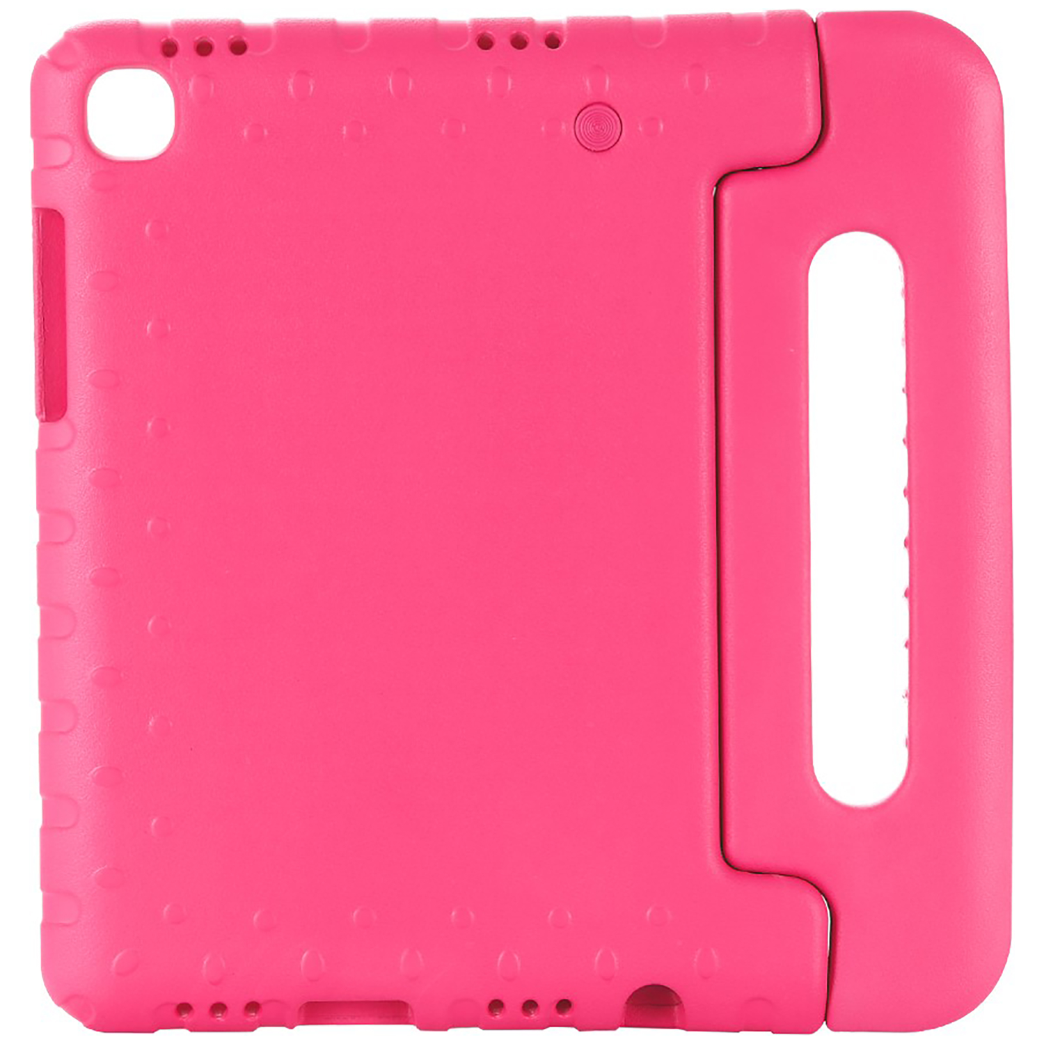 A bright pink tablet case with a handle. It has a hole for the camera and buttons. The case has a textured surface.