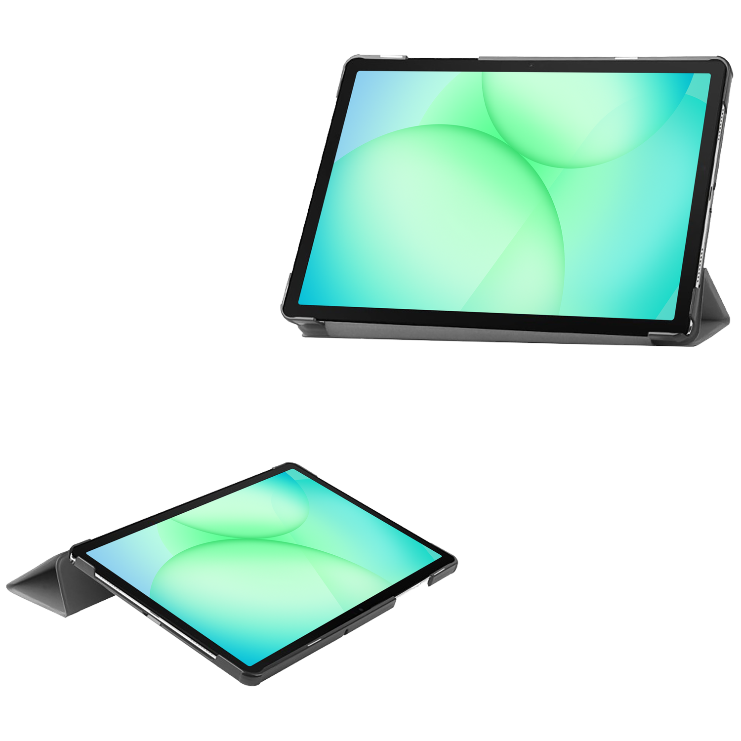 Twee tablets op wit. Elk heeft een groen en blauw scherm met bellen. Eén is omhoog gekanteld, de andere omlaag.