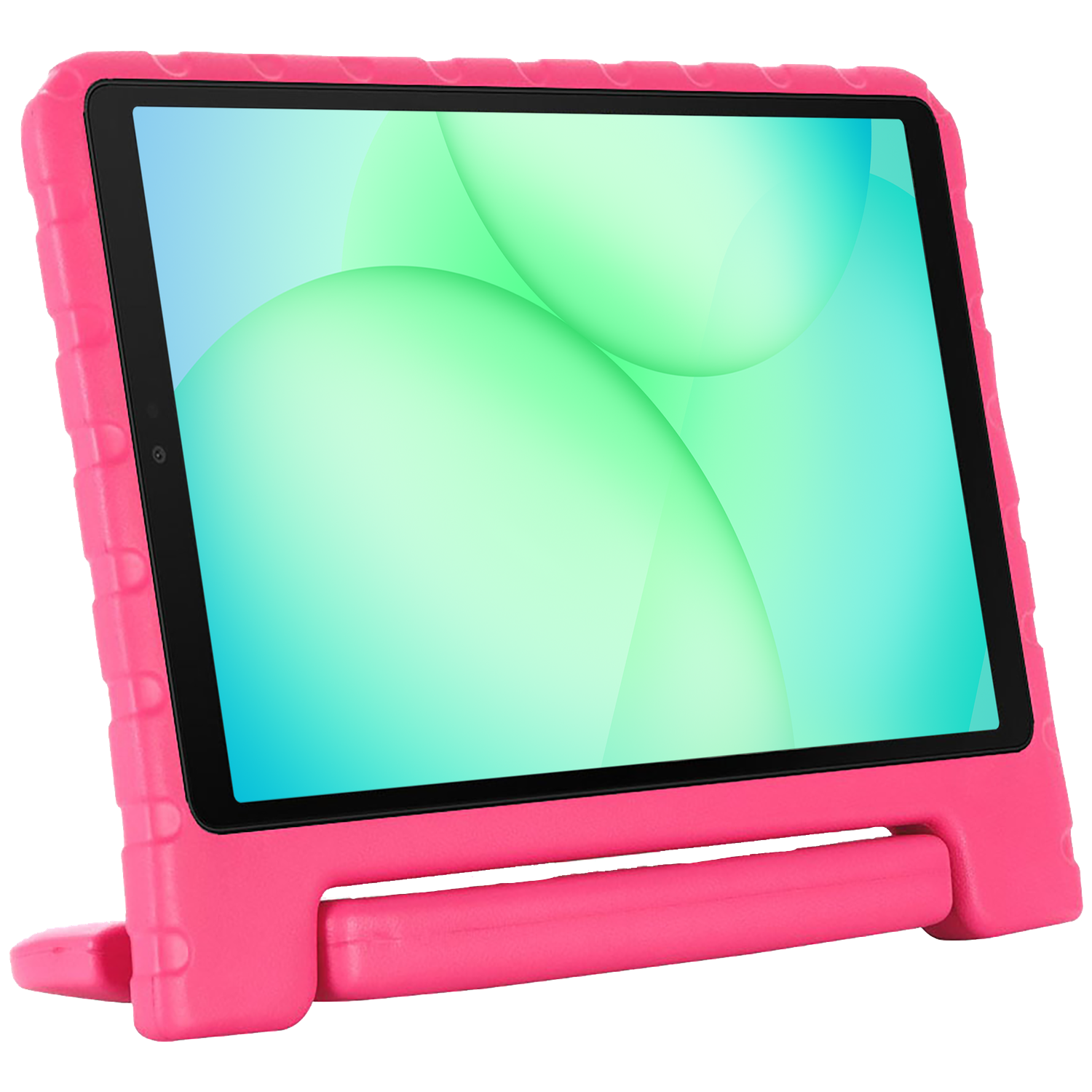 A pink tablet in a protective case. The screen displays a green and blue gradient. The case has a handle and stand.