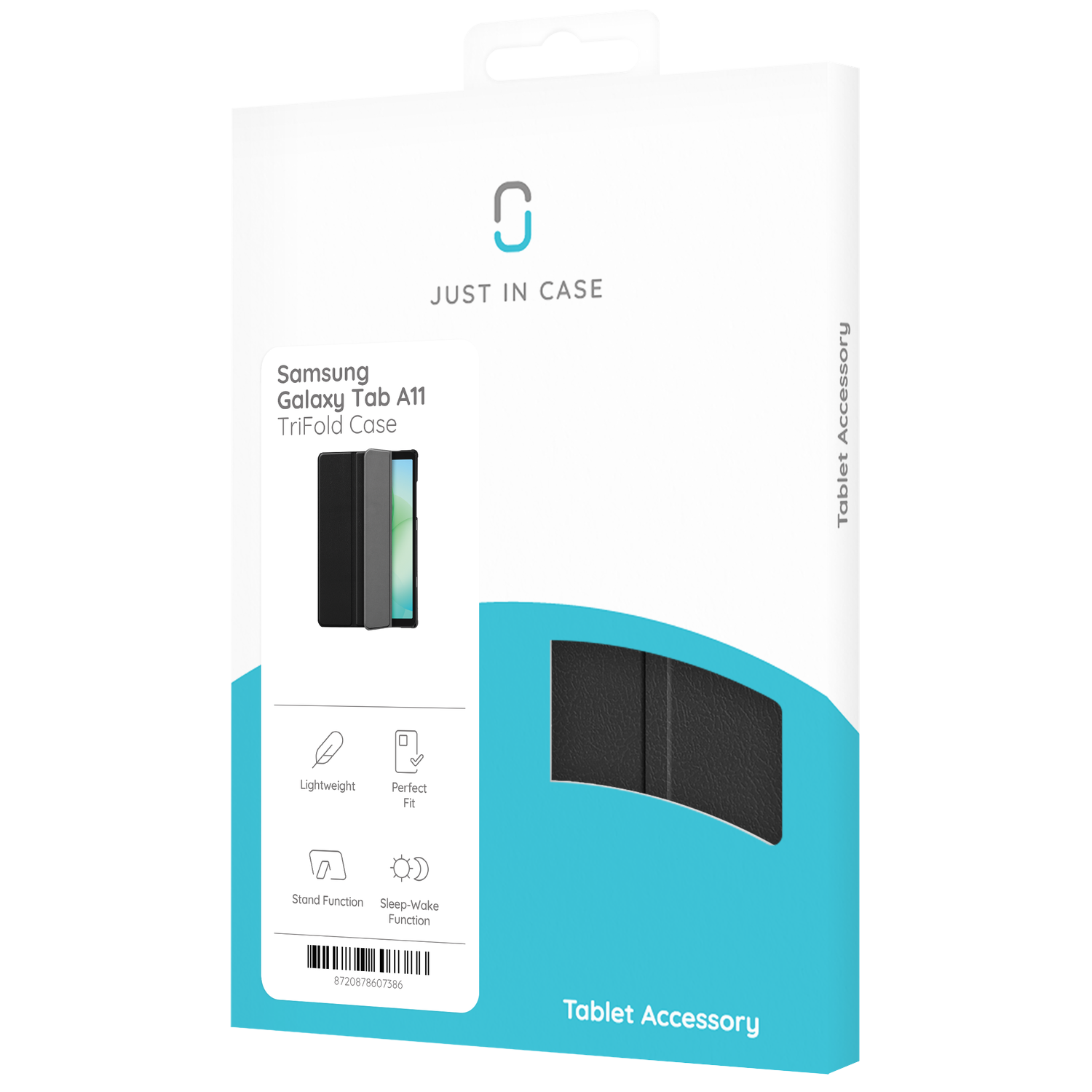 Een tablethoesdoos met het label 'Just in Case' voor een Samsung Galaxy Tab A11. Kenmerken: lichtgewicht, perfecte pasvorm, standfunctie en sleep-wake.