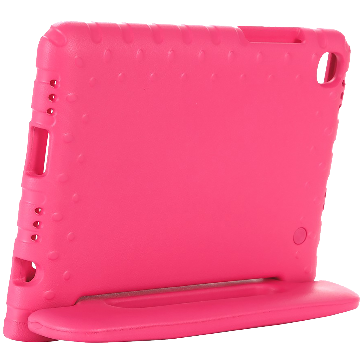 A pink tablet case is shown. It has a built-in stand and several holes. The case is made of a soft material.
