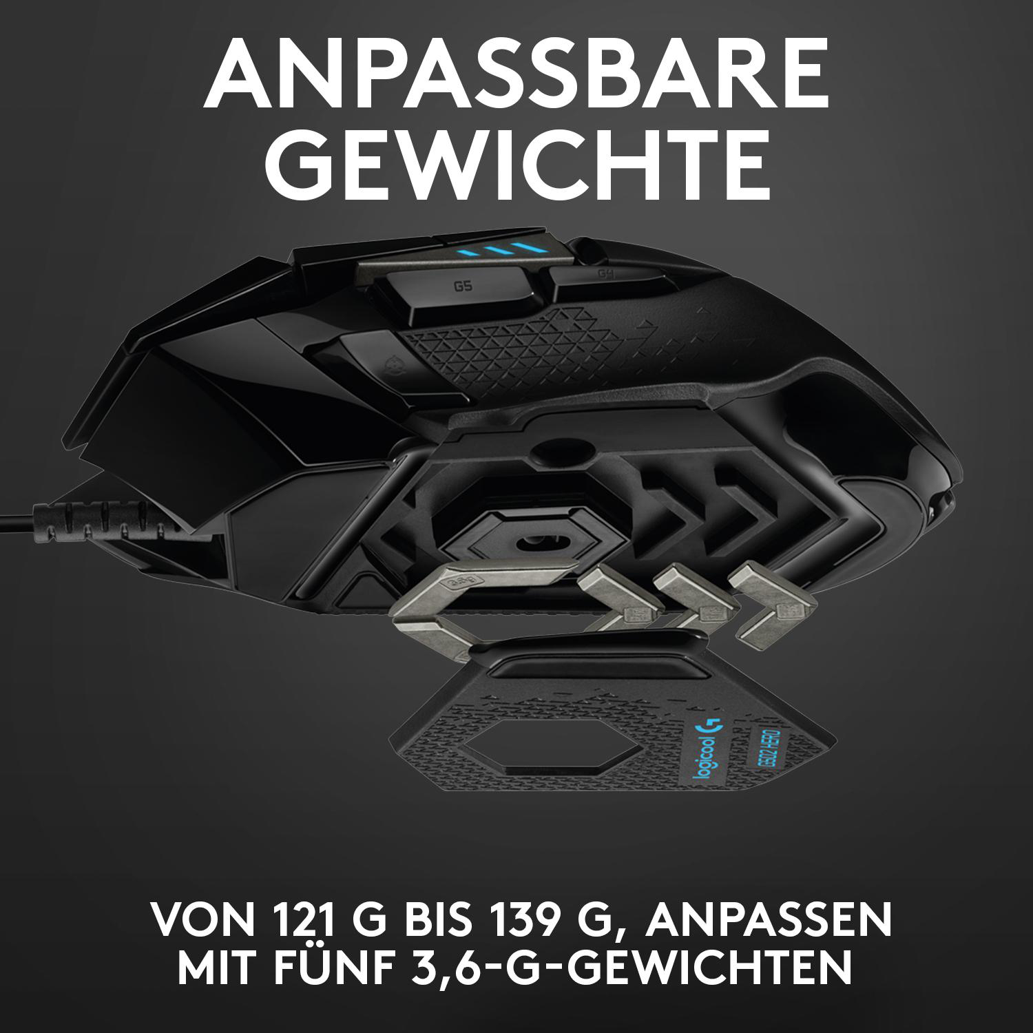 Schwarze Gaming-Maus mit anpassbaren Gewichten. Text: "ANPASSBARE GEWICHTE, VON 121 G BIS 139 G, ANPASSEN MIT FÜNF 3,6-G-GEWICHTEN."