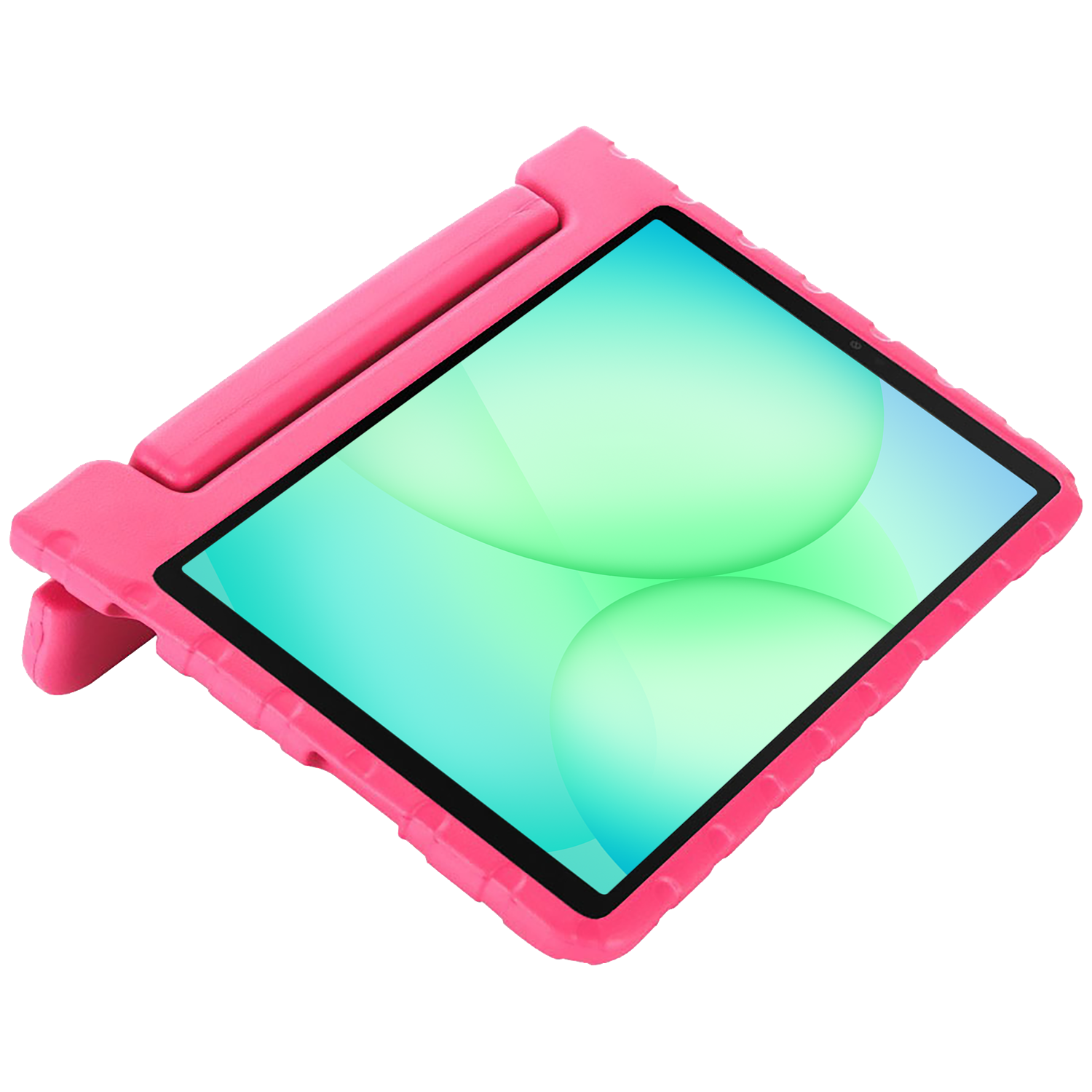 A pink tablet in a pink case is angled on a white surface. The screen displays a gradient of green and blue.