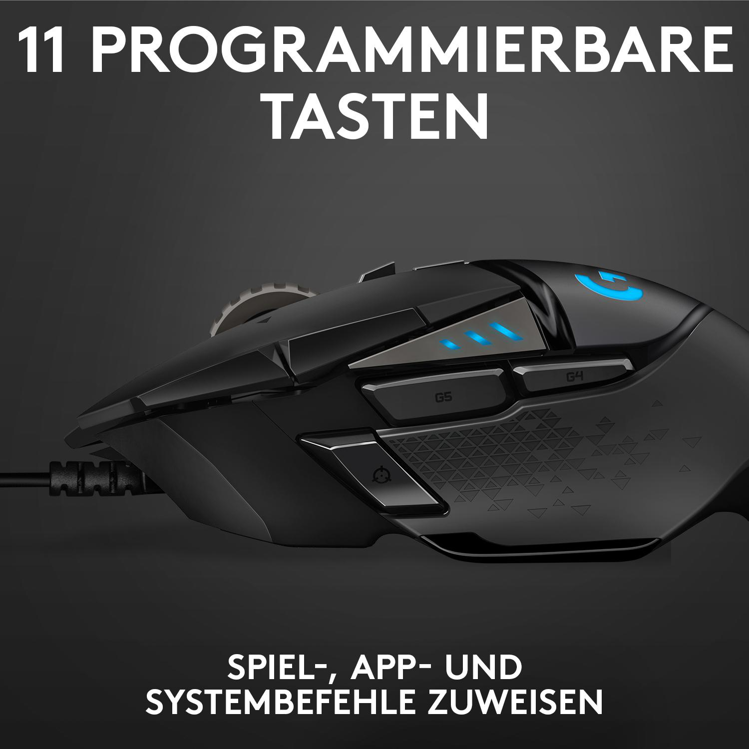 Schwarze Gaming-Maus mit mehreren Tasten. Der Text oben lautet '11 PROGRAMMIERBARE TASTEN'. Der Text unten lautet 'SPIEL-, APP- UND SYSTEMBEFEHLE ZUWEISEN'.