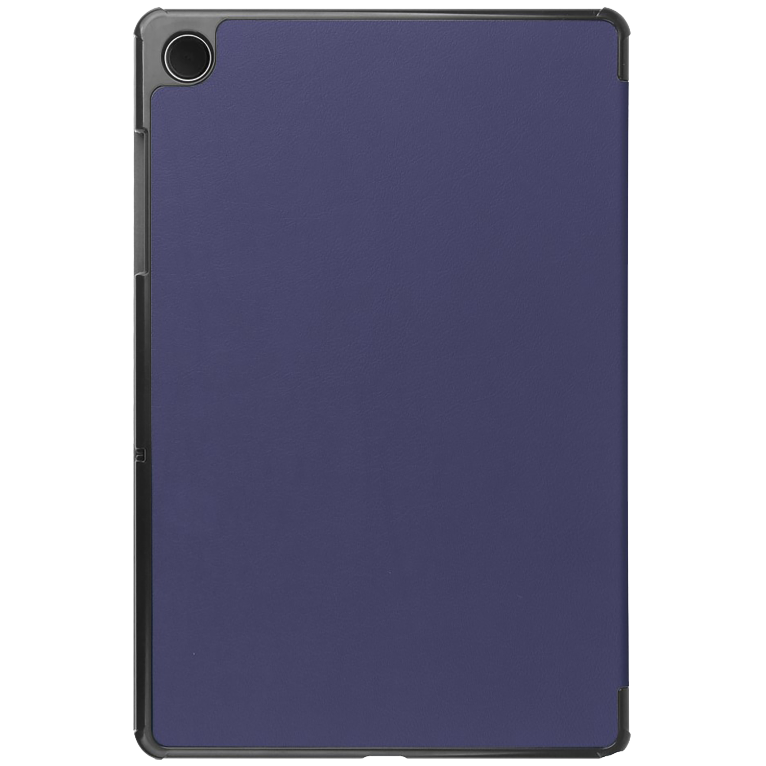 A tablet case with a dark blue cover. The case is rectangular with a black frame and a camera in the top corner.