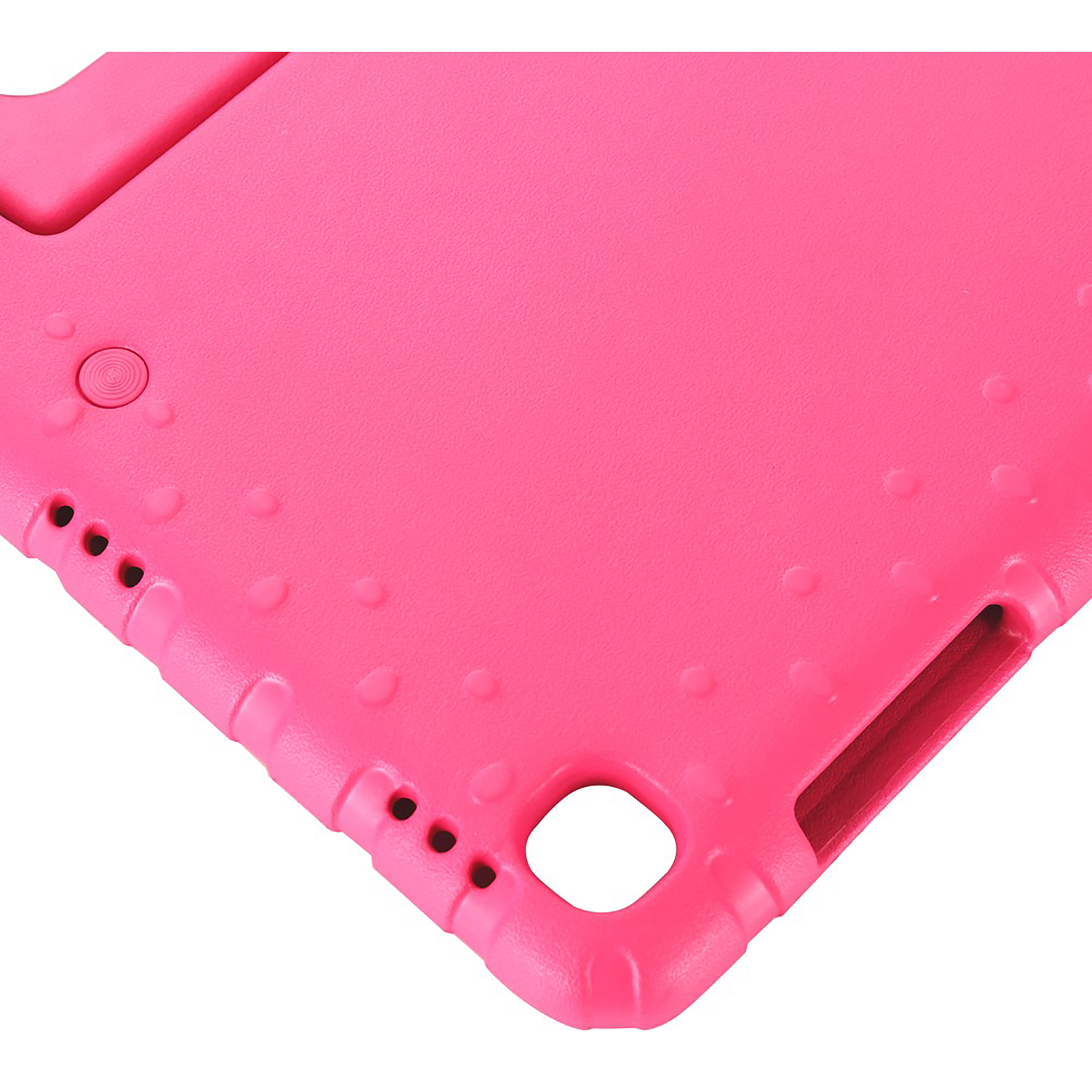 Close-up of a bright pink tablet case. It has a textured surface with several holes and a square opening.