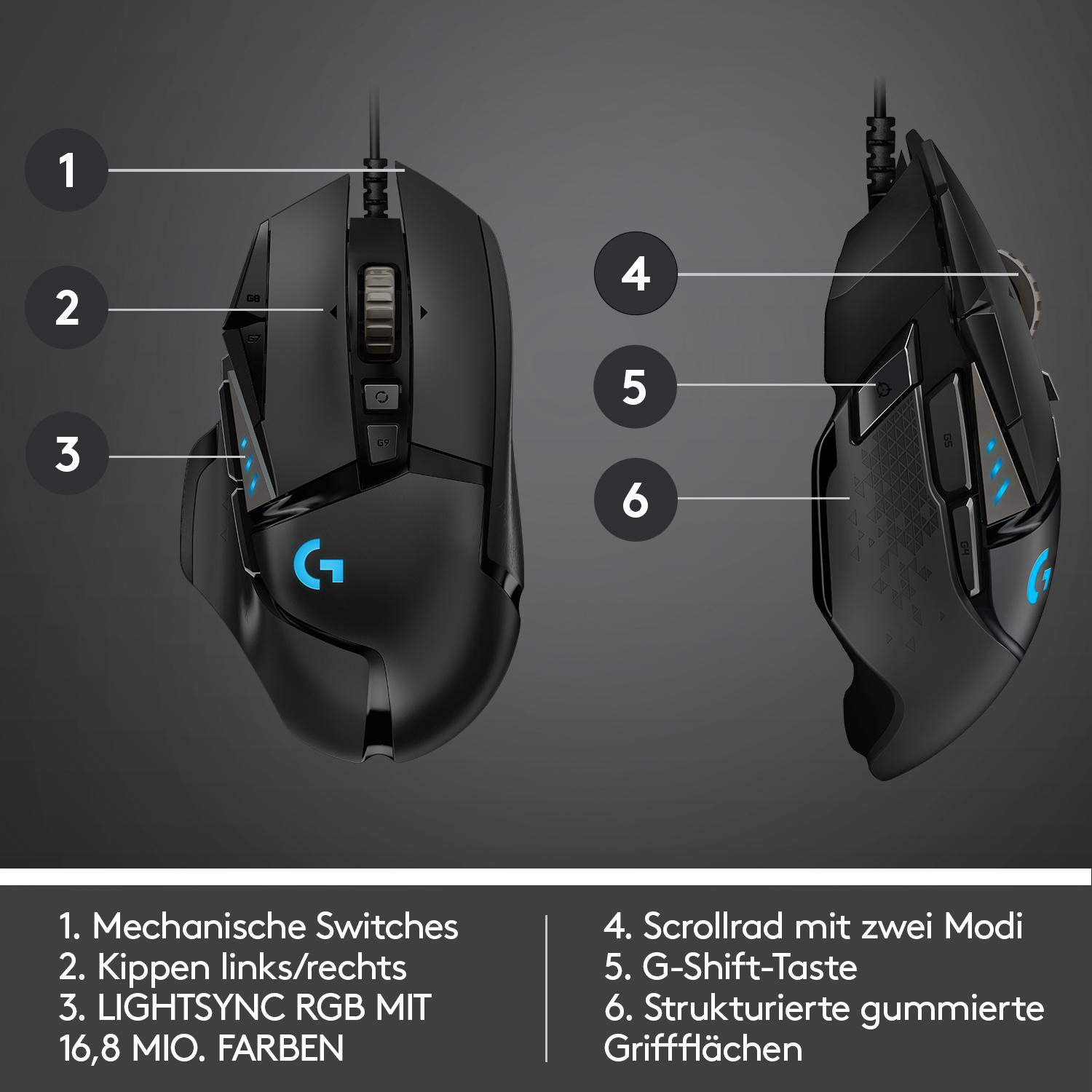 Schwarze Gaming-Maus mit Tasten und Scrollrad. Merkmale umfassen LIGHTSYNC RGB, G-Shift und strukturierter Griff.