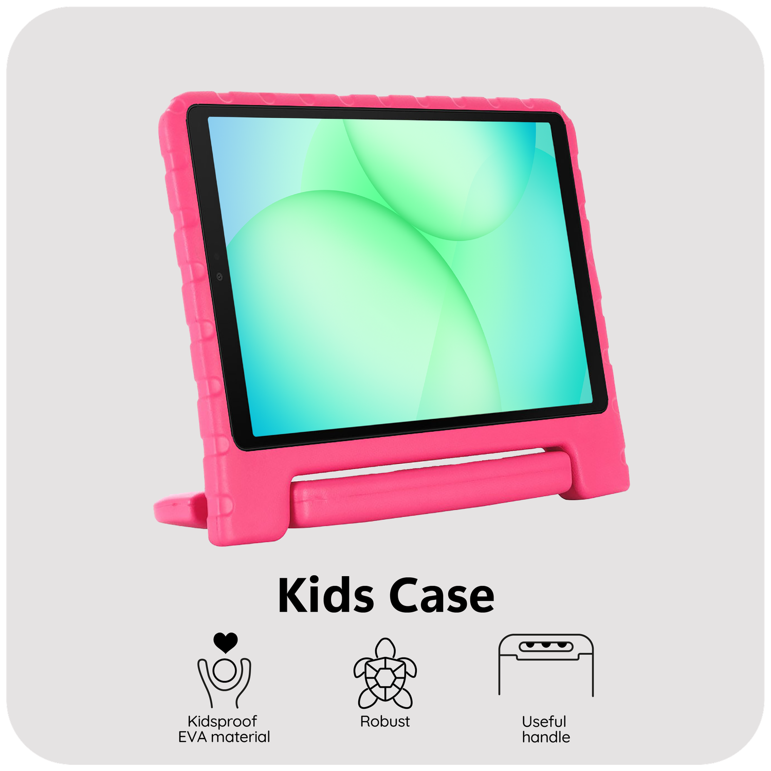 A pink tablet case with a handle and stand. The screen displays a colorful abstract image. The text 'Kids Case' is below.
