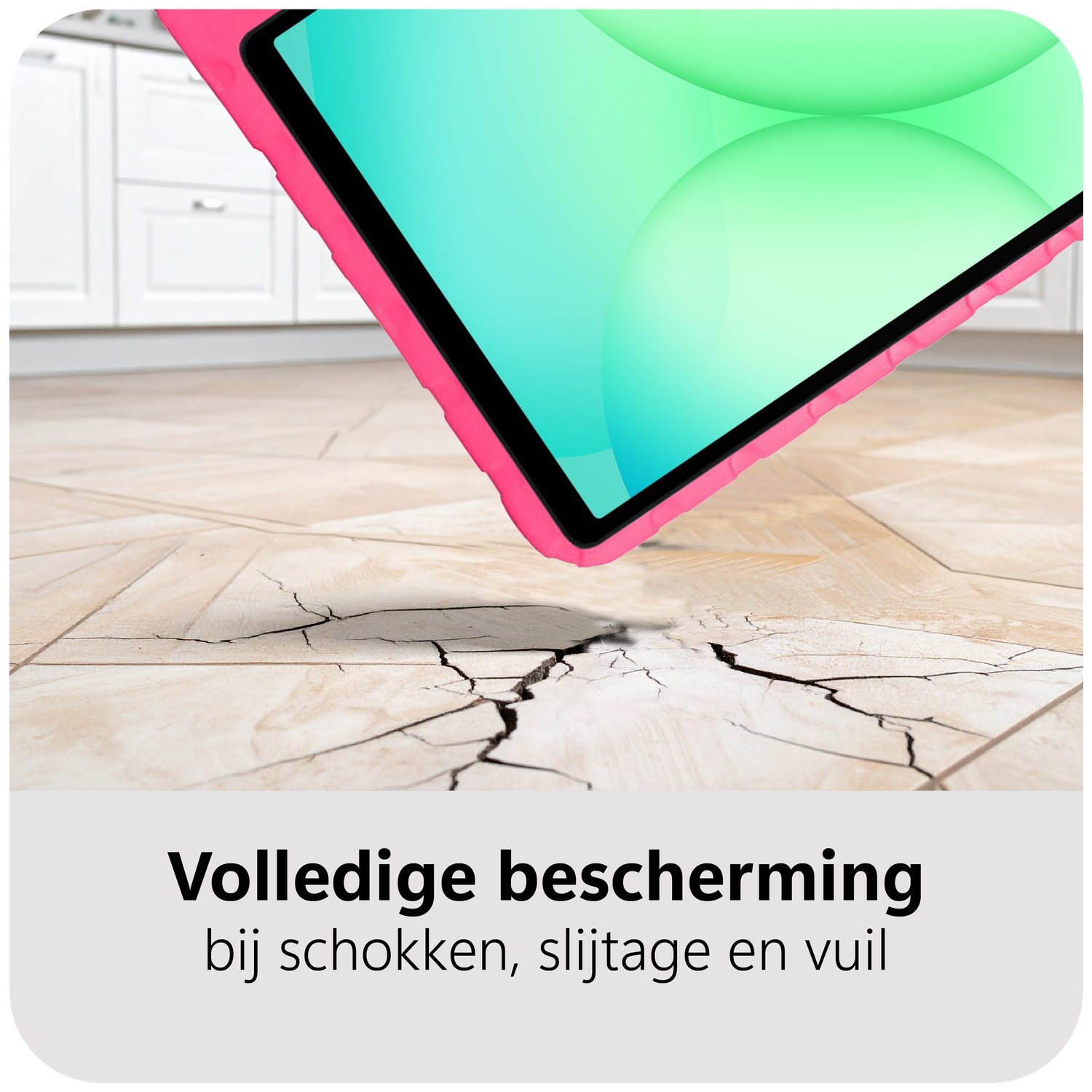 Tablet with pink case hovering above cracked floor tiles. Text: Full protection against shocks, wear and dirt.
