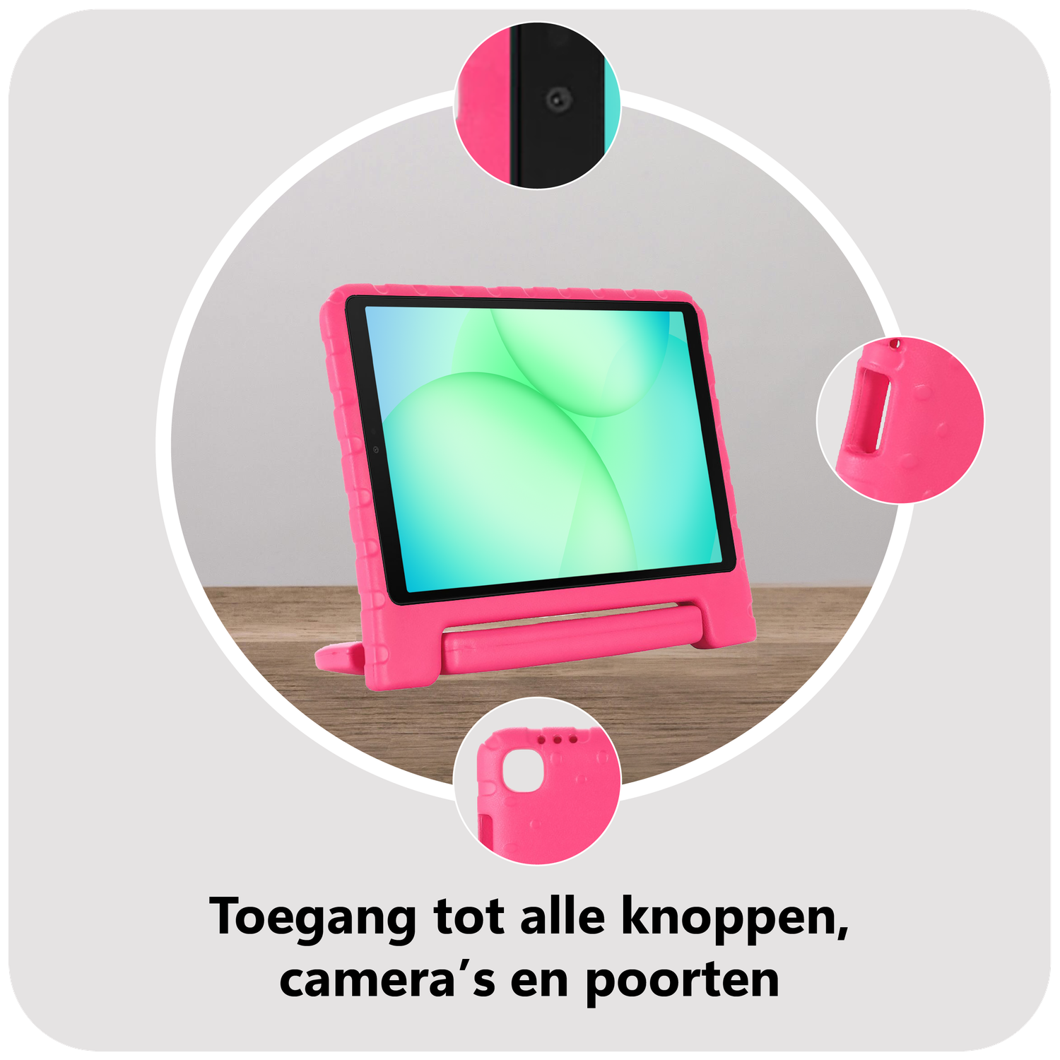 Pink tablet in a pink case on a wooden surface. The screen displays a green and white design. Details of the case are shown.