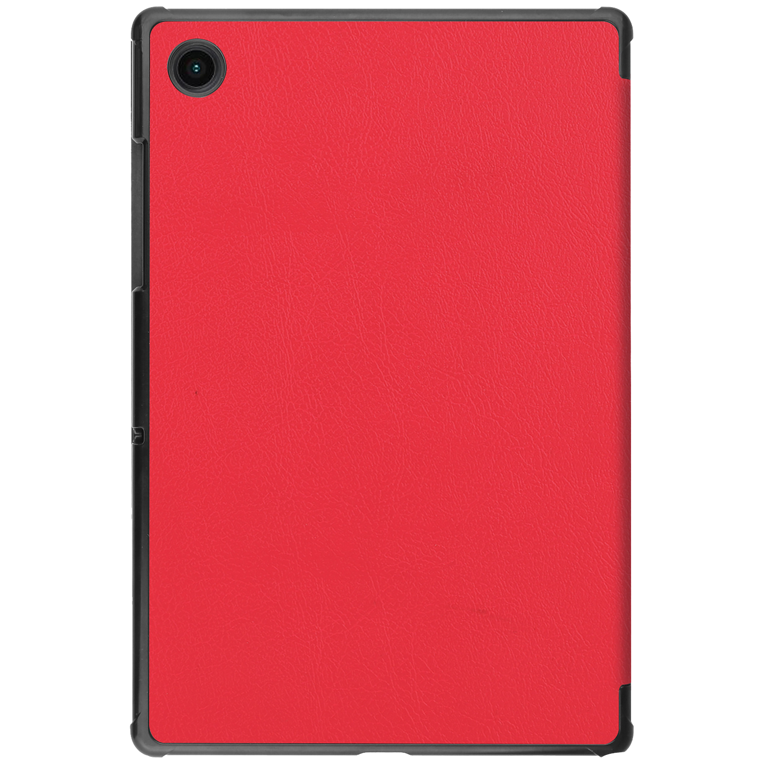 Red tablet case with black frame, camera lens at top. The case has a textured surface. White background.