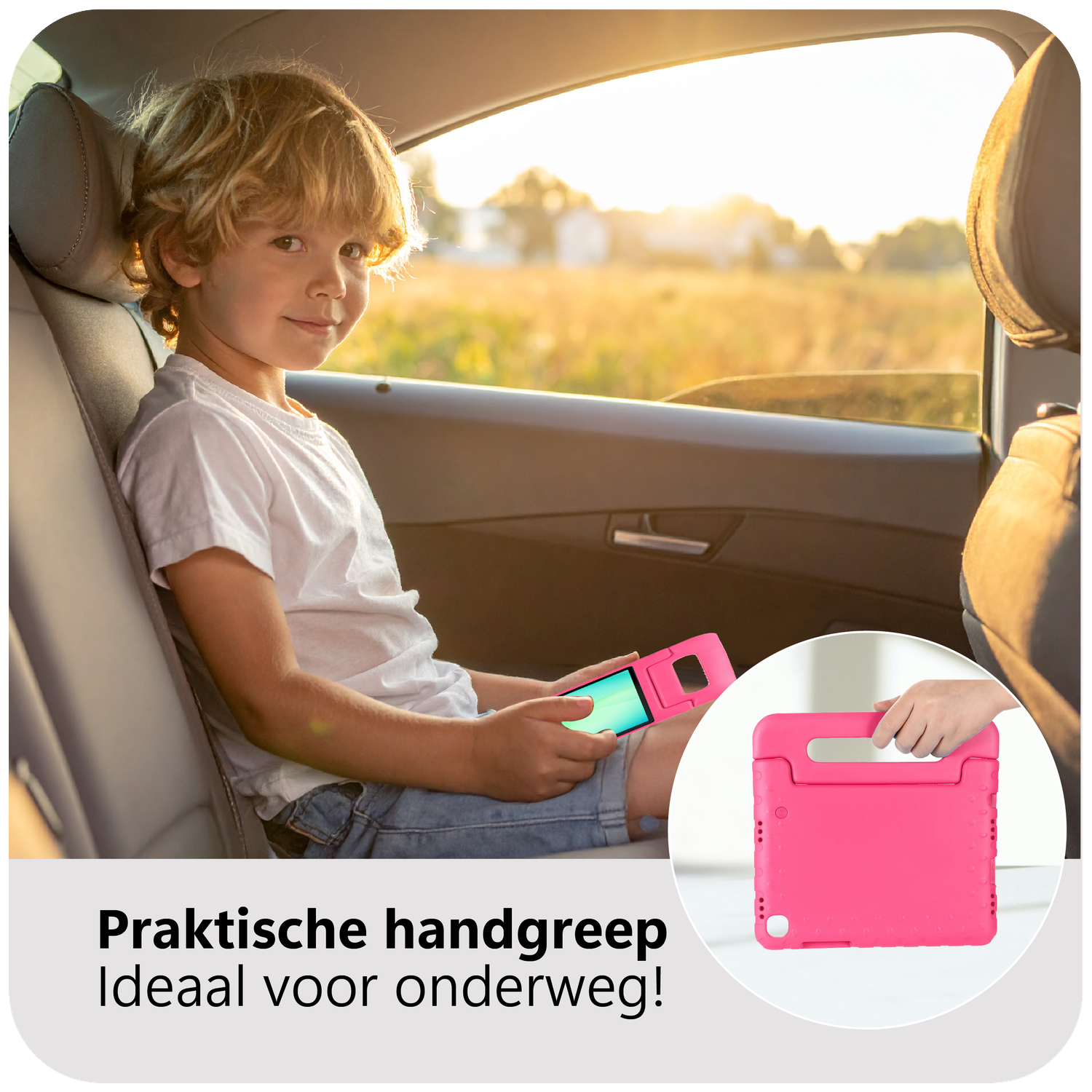 A boy in a car holds a pink tablet. The background shows a field and sunset. A pink tablet case is held on the right.
