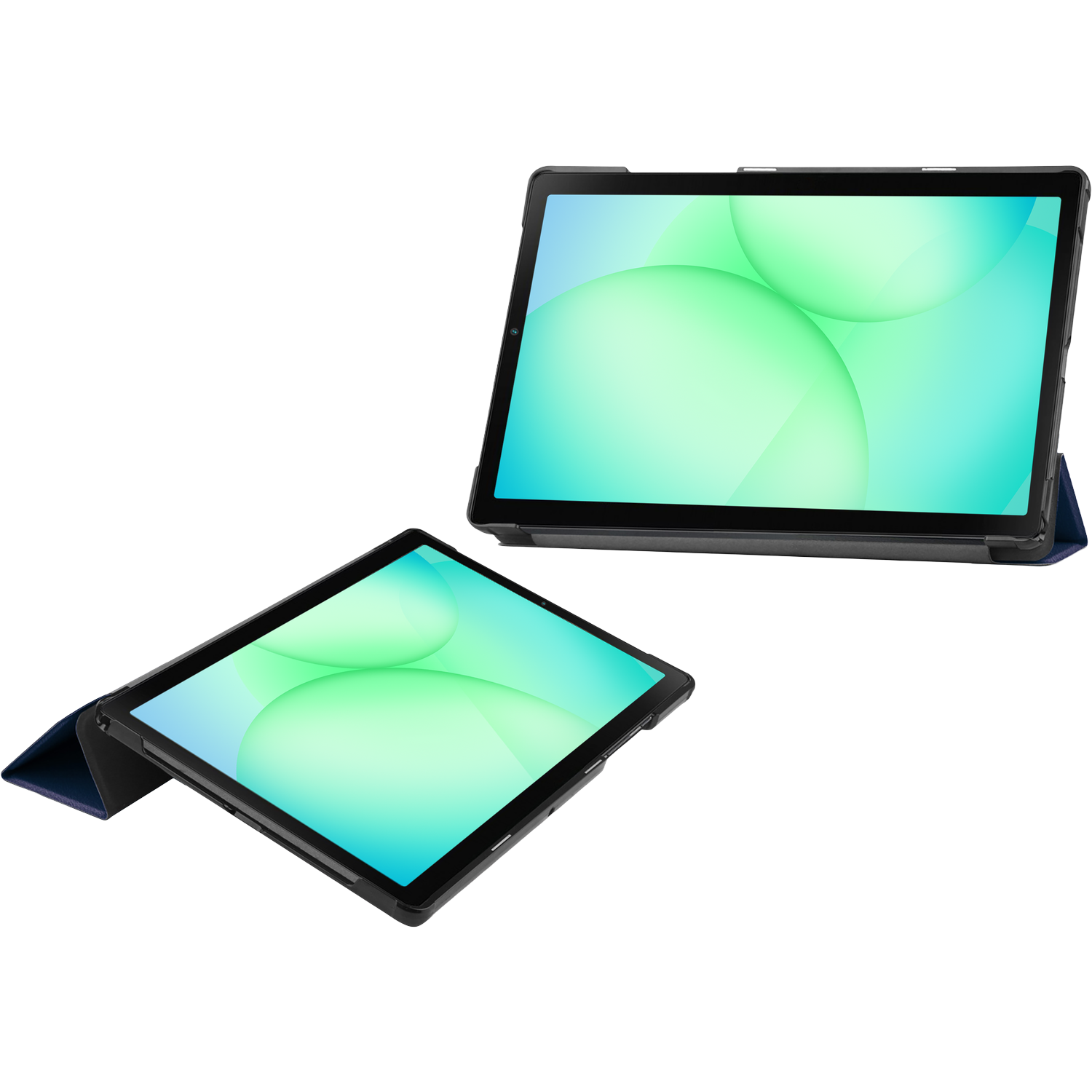 Two tablets with black frames and blue covers, screens display green and blue bubbles. White background.