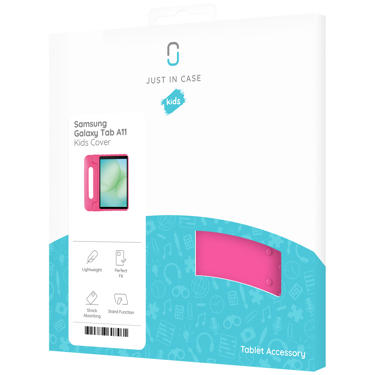 A pink tablet case box. The box has a pink tablet cover visible. Text includes 'Just in Case' and 'Kids Cover'.