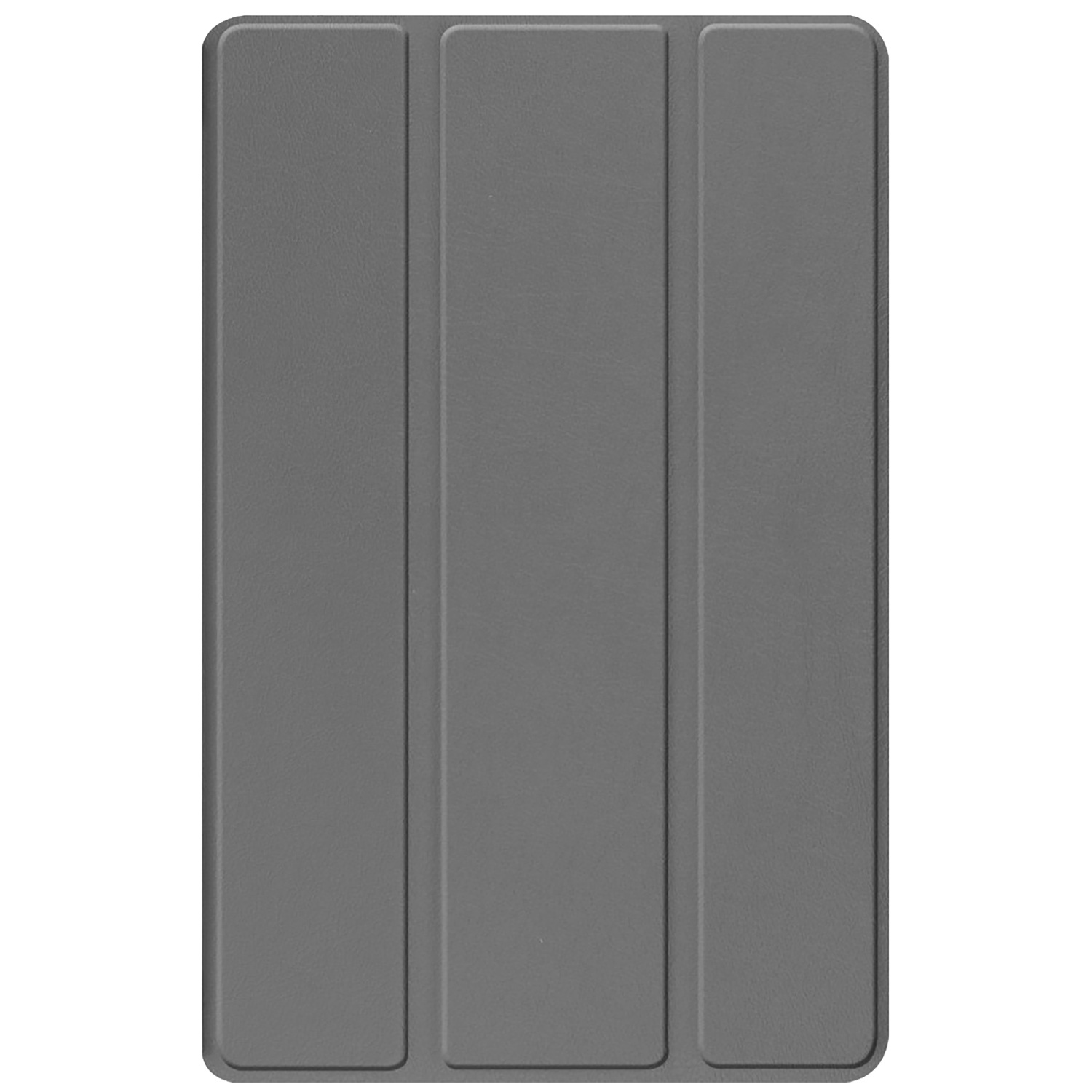 A gray tablet case with three panels. The case is closed. The background is white.