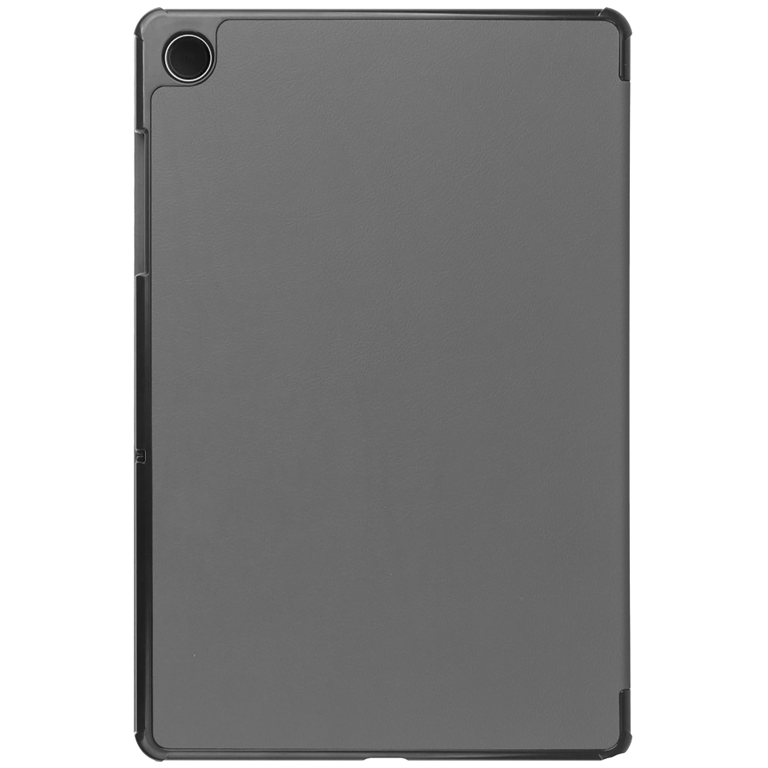 A gray tablet case with a black frame. The case has a camera hole at the top left and is on a white background.
