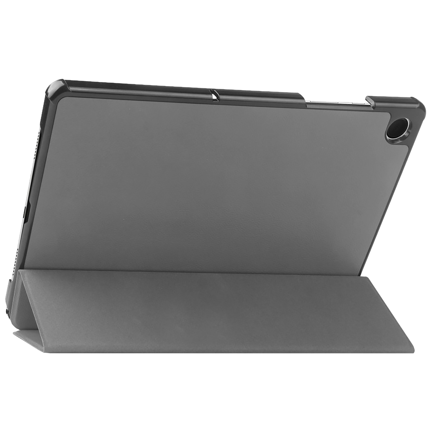A gray tablet case is open, propped up. The tablet is gray. The case is black and gray.